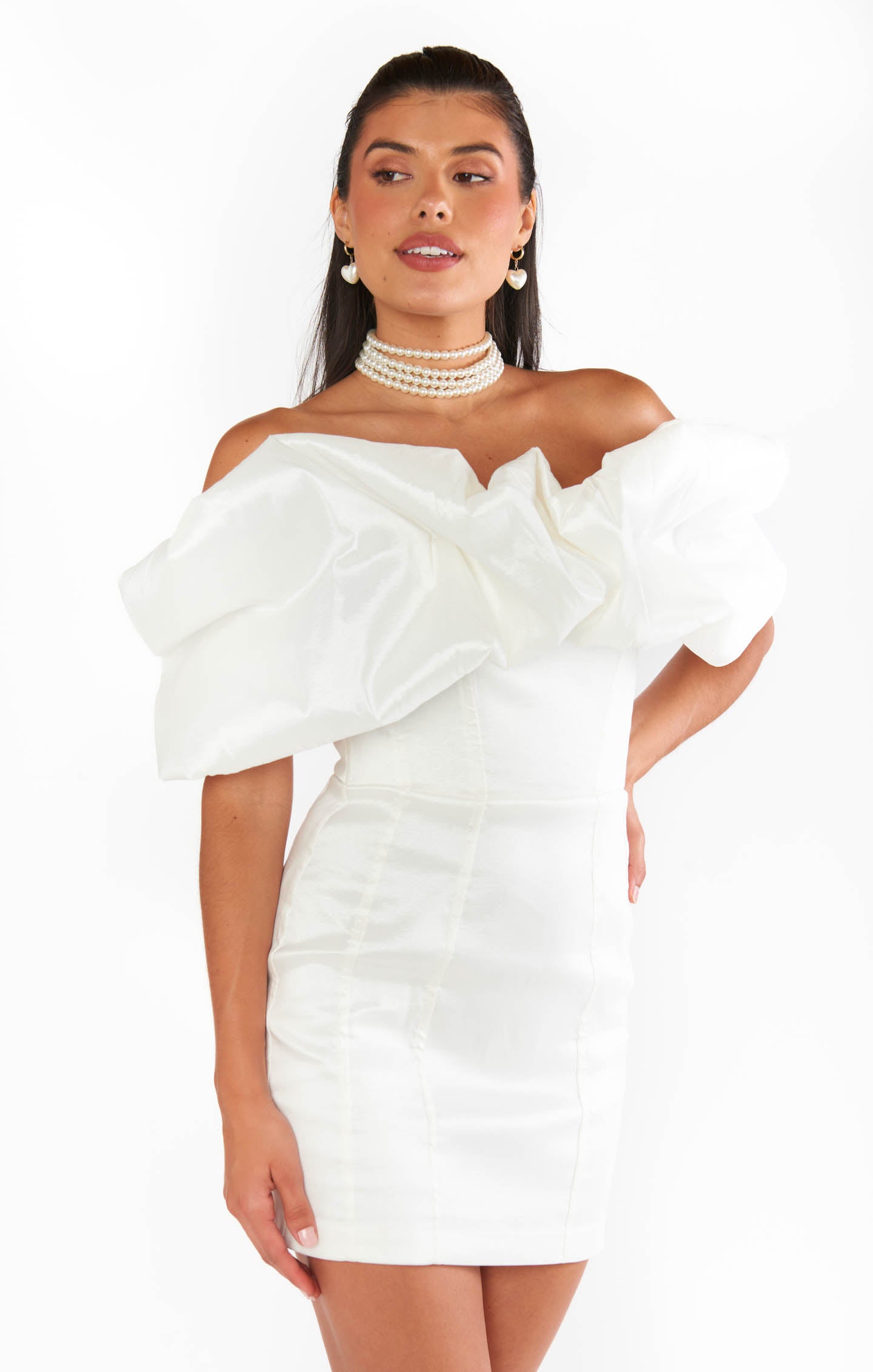 White Taffeta Off-Shoulder Mini Dress with Puff Sleeves