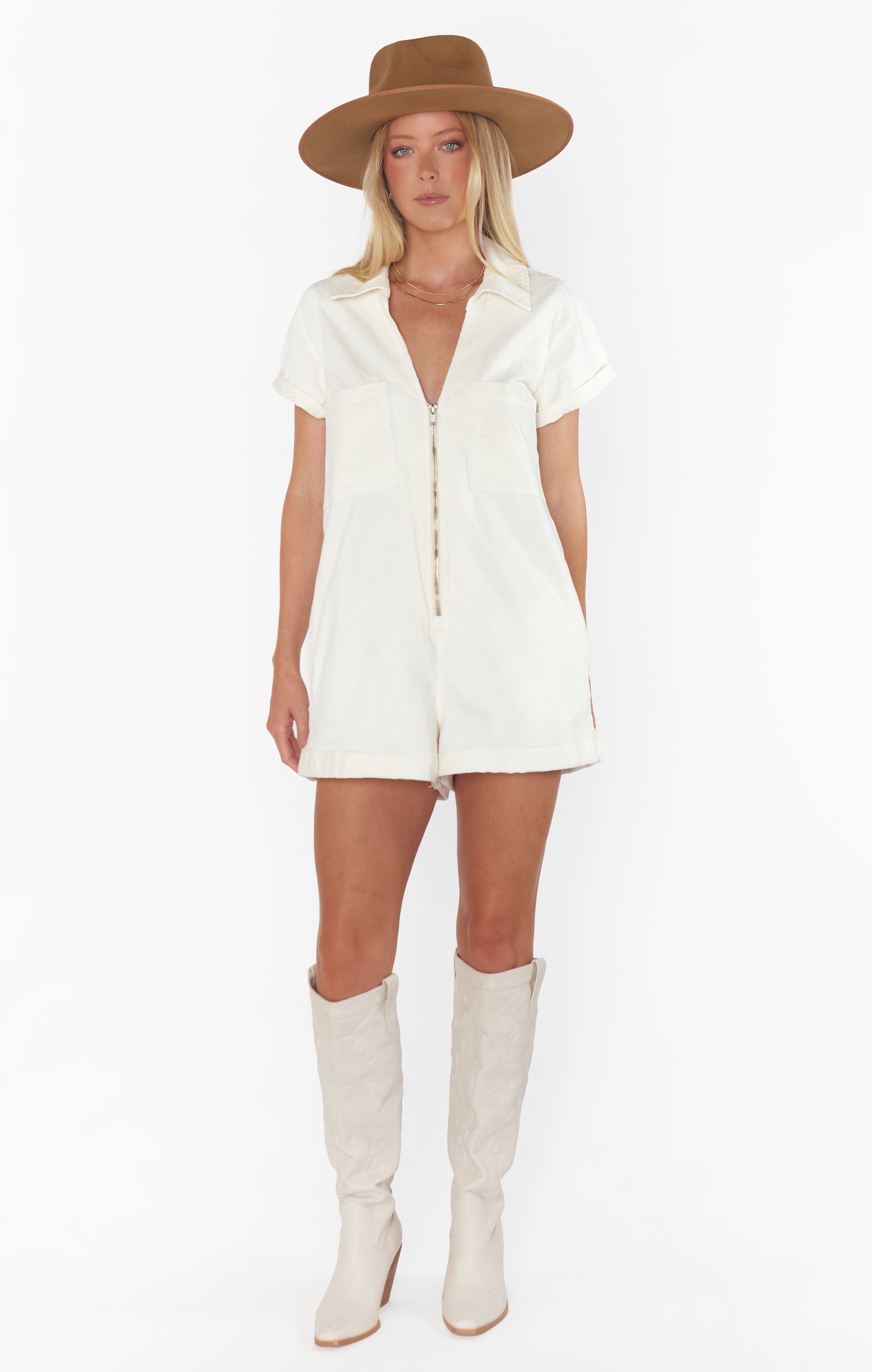 Cream Corduroy Zip-Up Romper for Women – Casual One-Piece Outfit