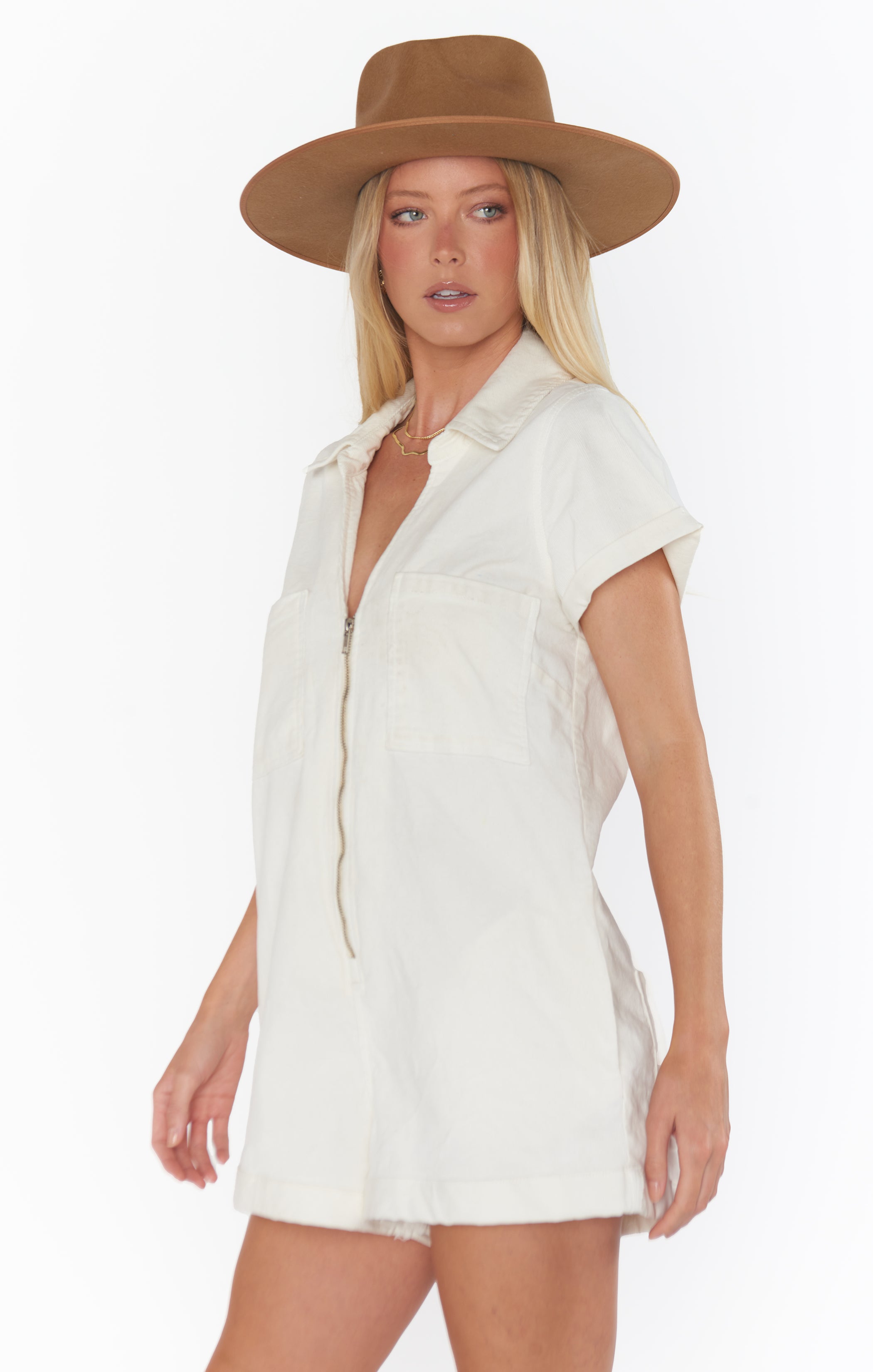 Cream Corduroy Zip-Up Romper for Women – Casual One-Piece Outfit