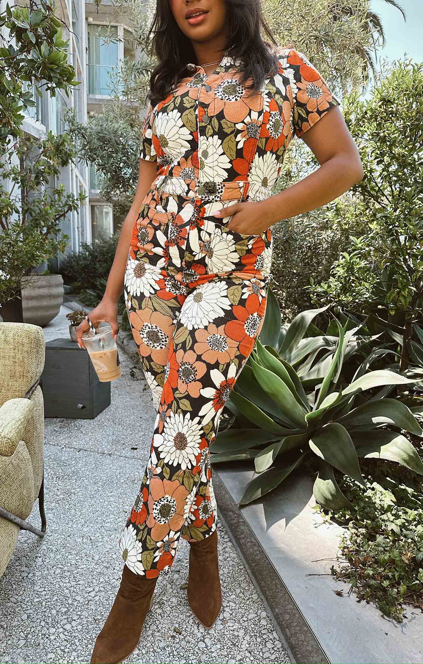 Everhart Floral Corduroy Jumpsuit - Cropped 70s Style