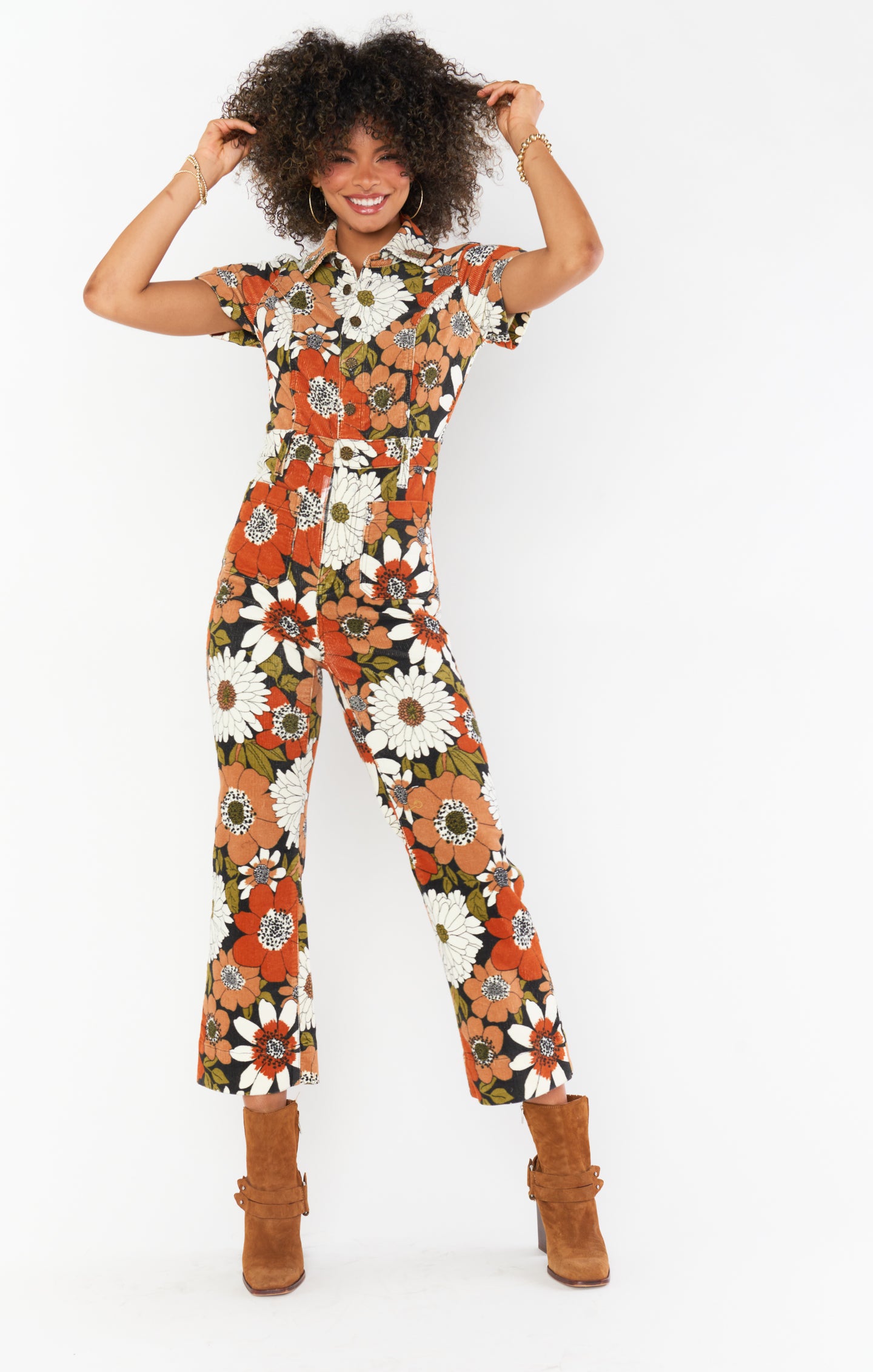 Everhart Floral Corduroy Jumpsuit - Cropped 70s Style