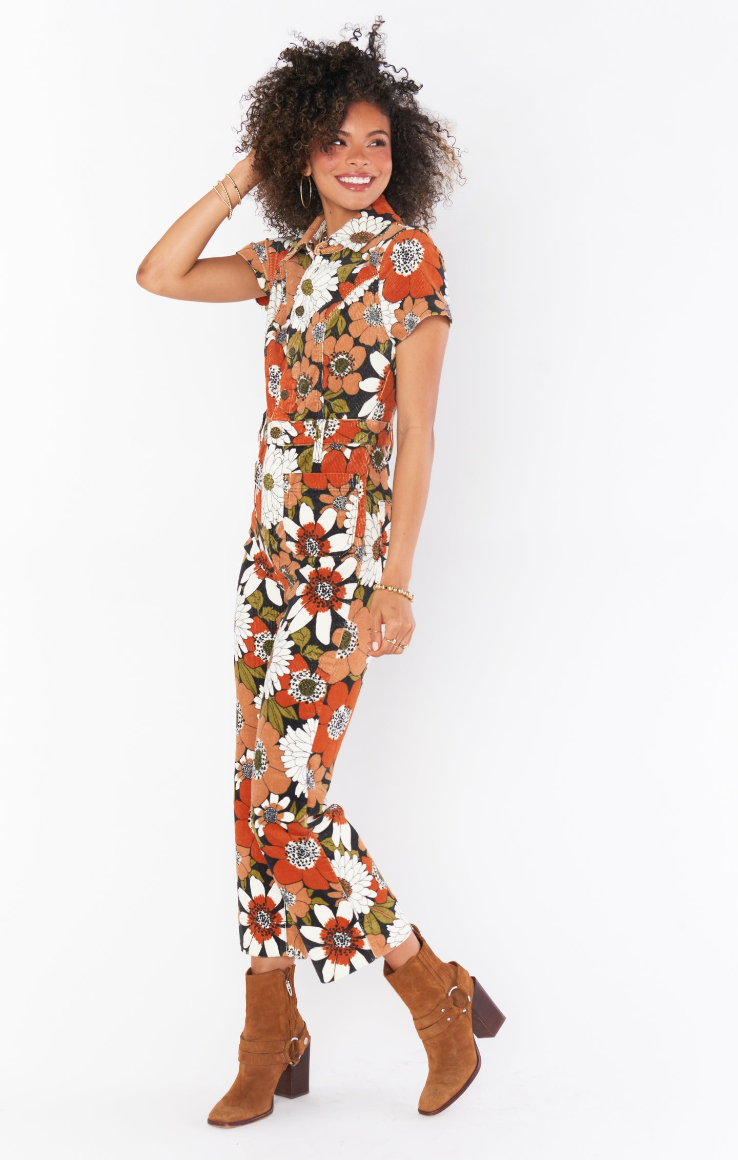 Everhart Floral Corduroy Jumpsuit - Cropped 70s Style