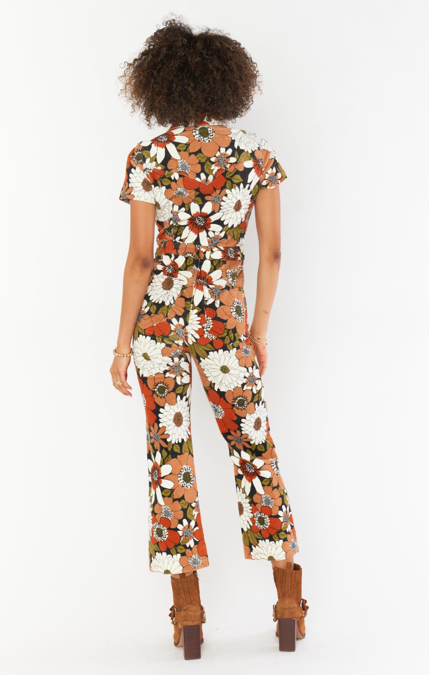 Everhart Floral Corduroy Jumpsuit - Cropped 70s Style