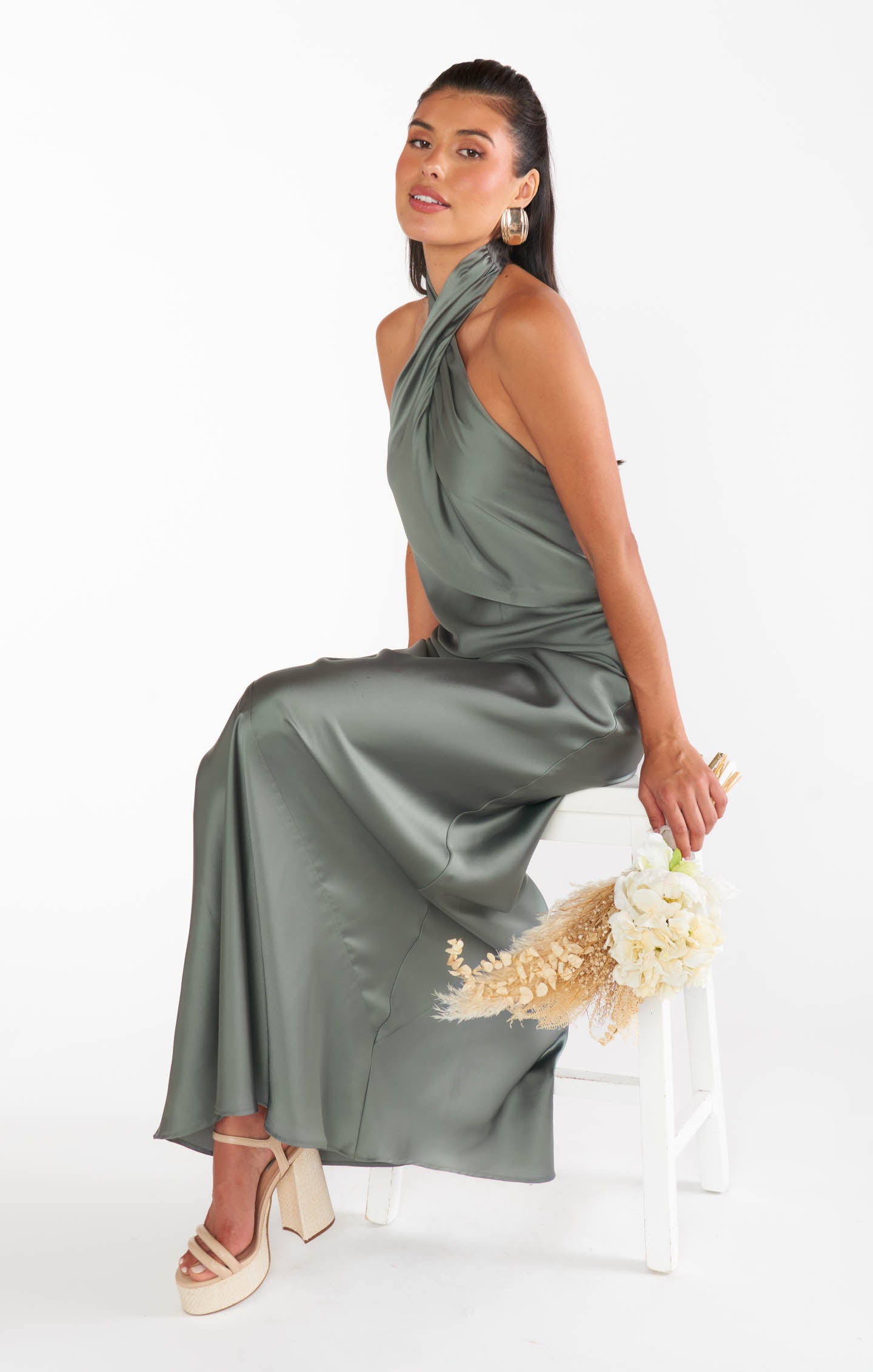 Jasmine Halter Neck Maxi Dress in Deep Sage Satin