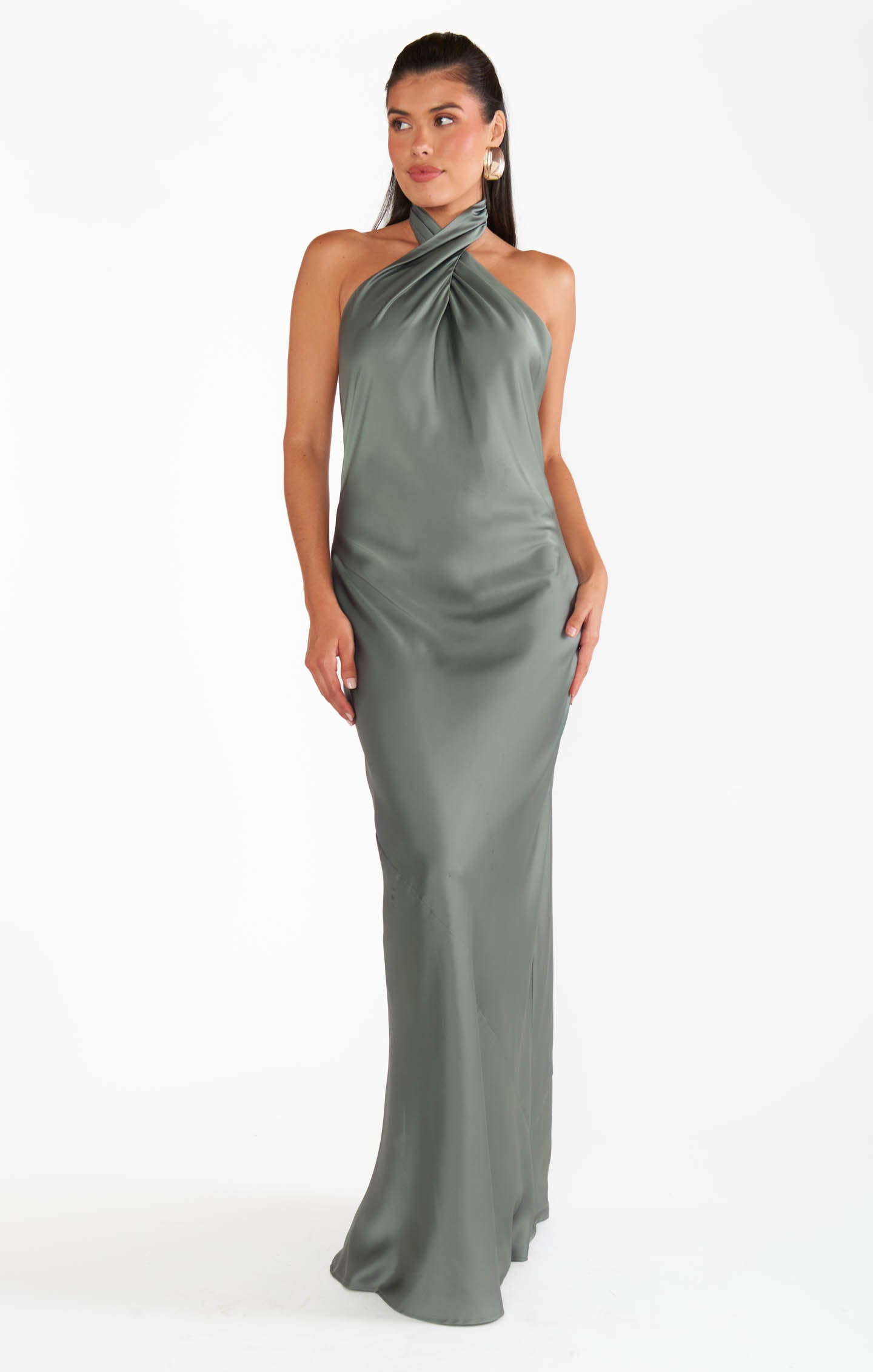 Jasmine Halter Neck Maxi Dress in Deep Sage Satin