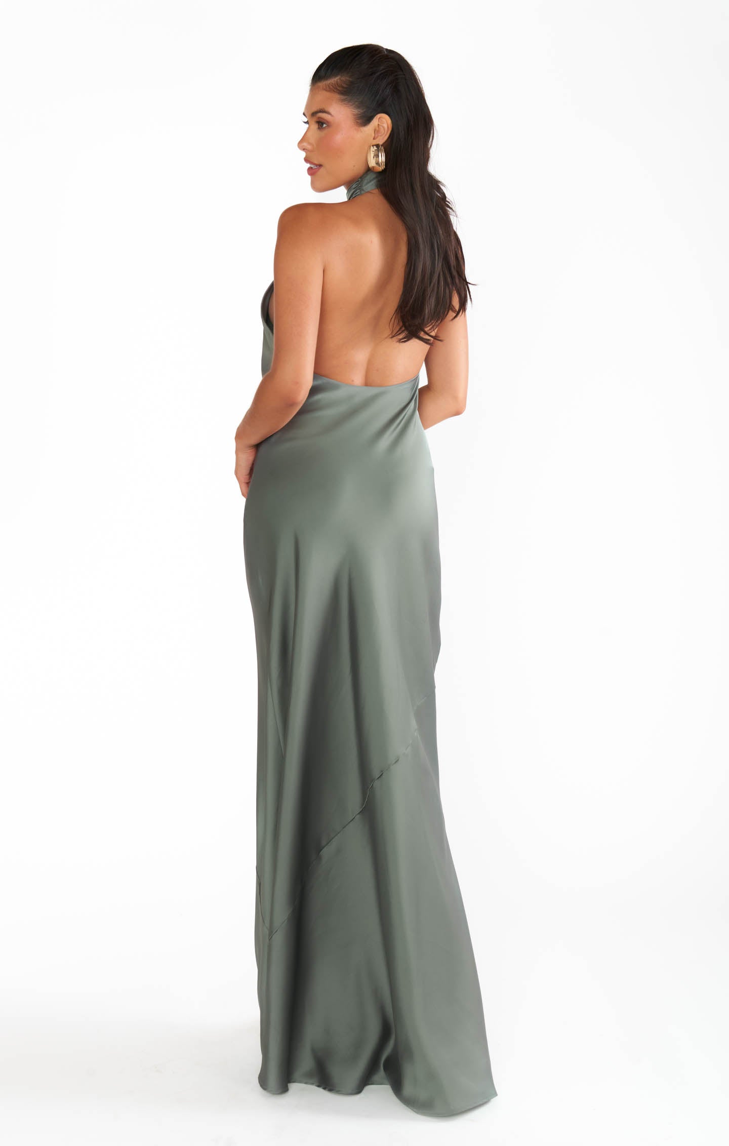 Jasmine Halter Neck Maxi Dress in Deep Sage Satin