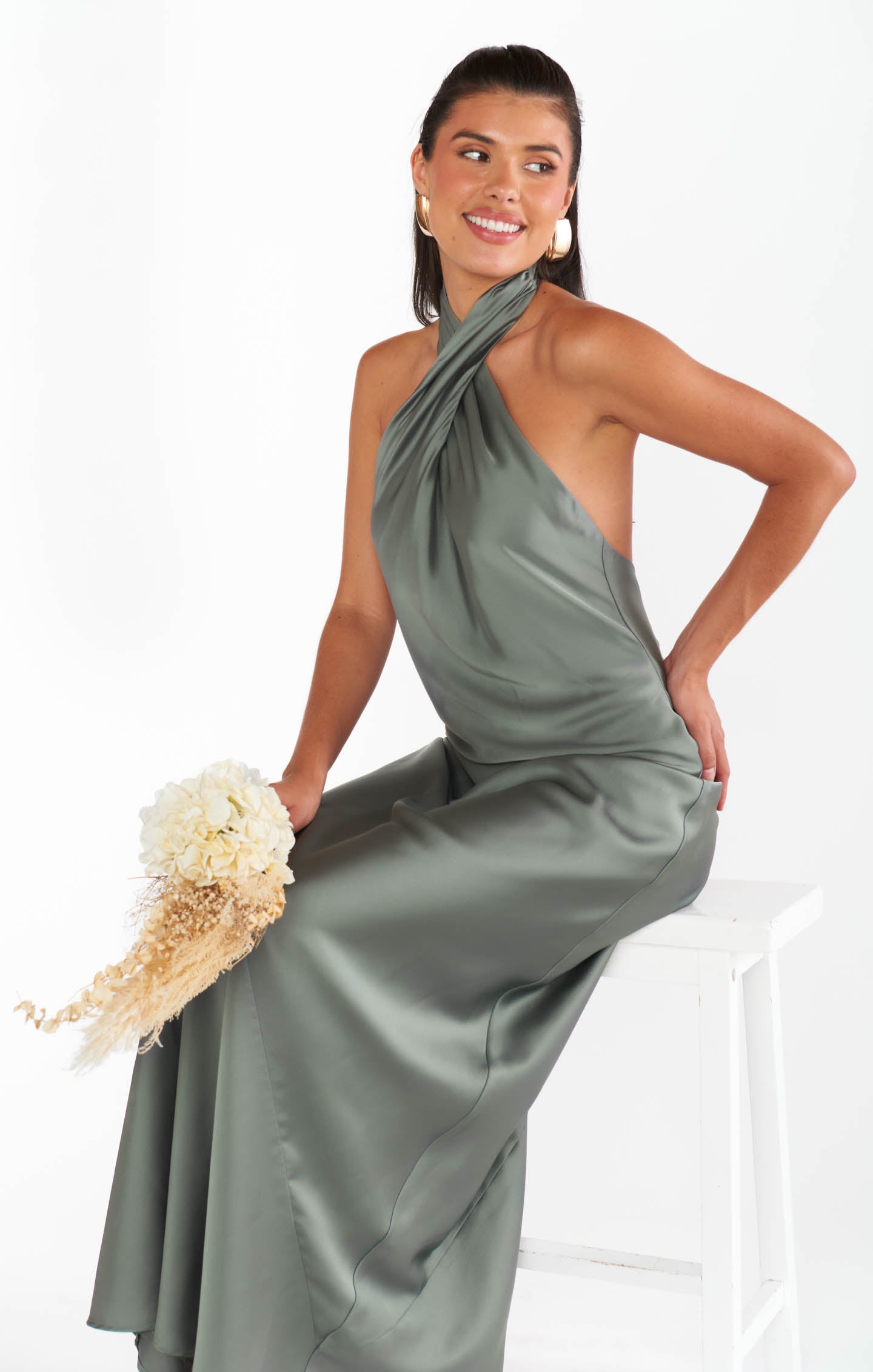 Jasmine Halter Neck Maxi Dress in Deep Sage Satin