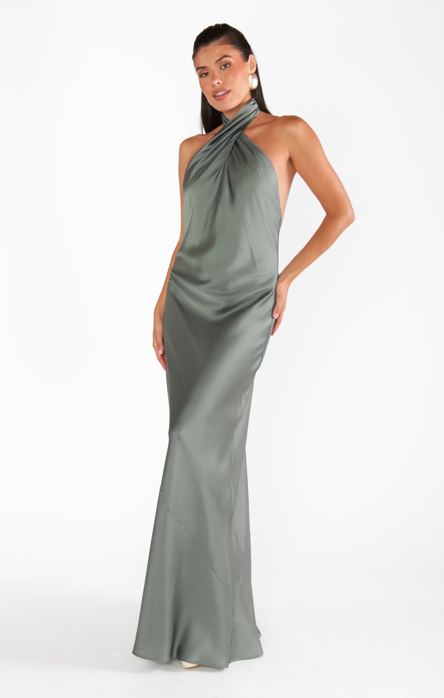 Jasmine Halter Neck Maxi Dress in Deep Sage Satin