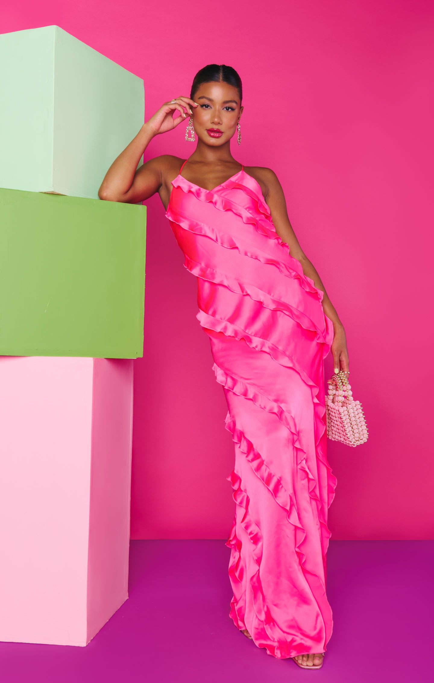 Vivid Pink Satin Ruffle Maxi Dress for Weddings & Formal Events