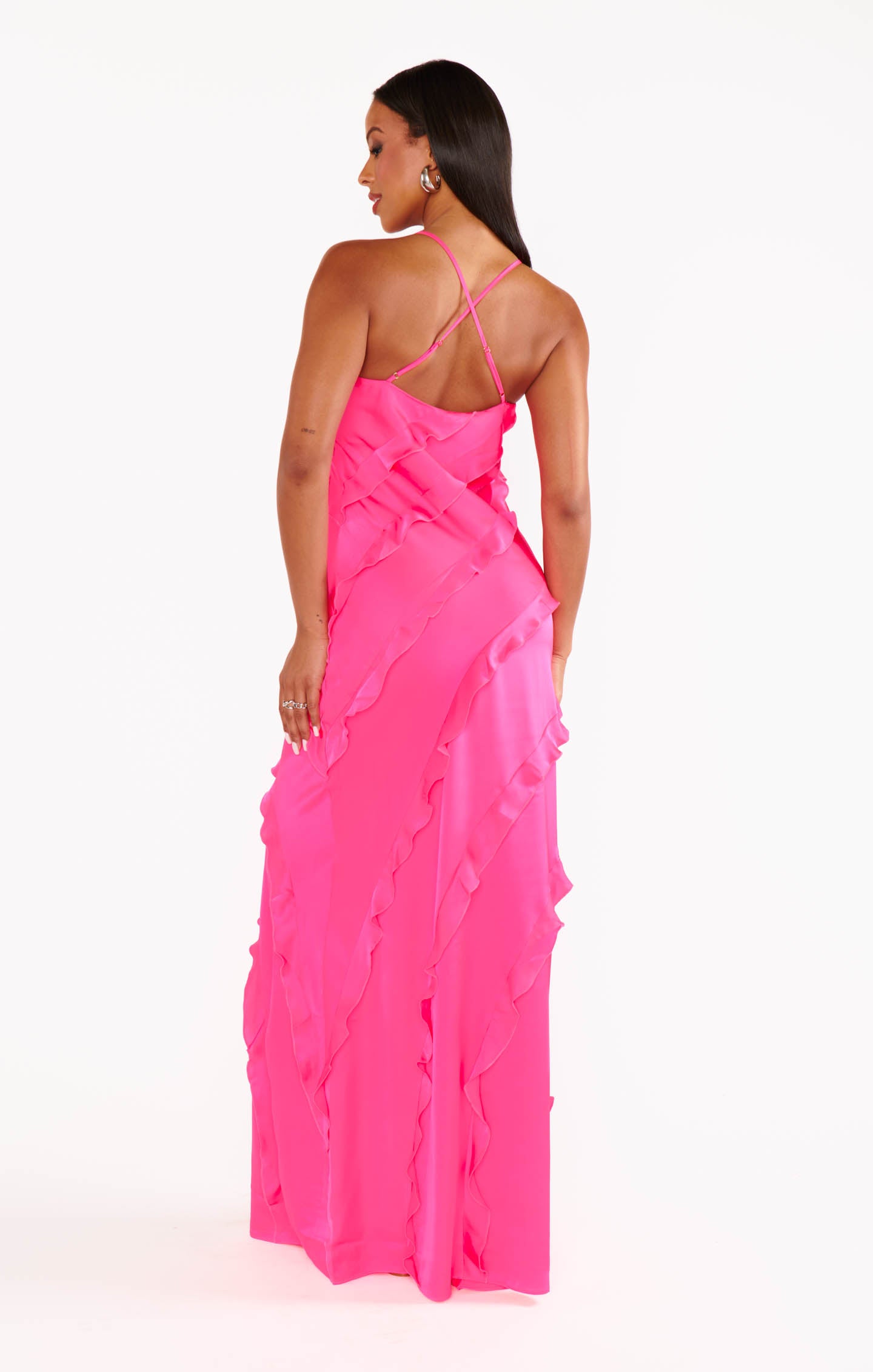 Vivid Pink Satin Ruffle Maxi Dress for Weddings & Formal Events