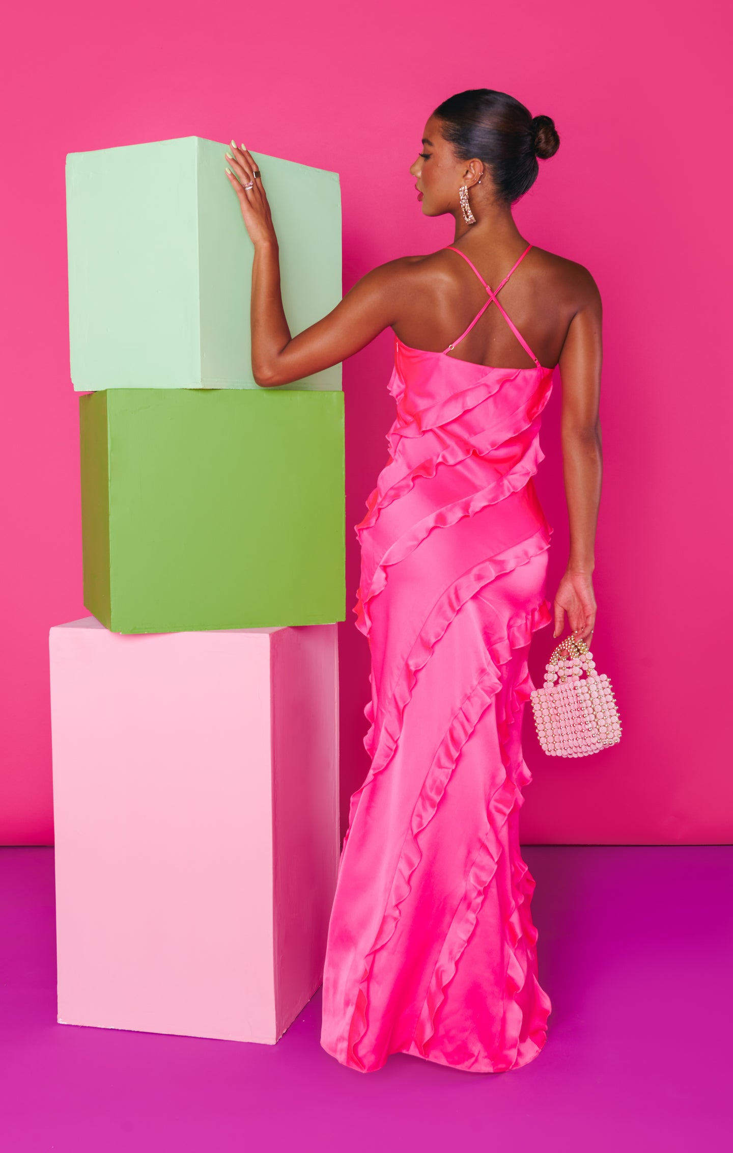 Vivid Pink Satin Ruffle Maxi Dress for Weddings & Formal Events