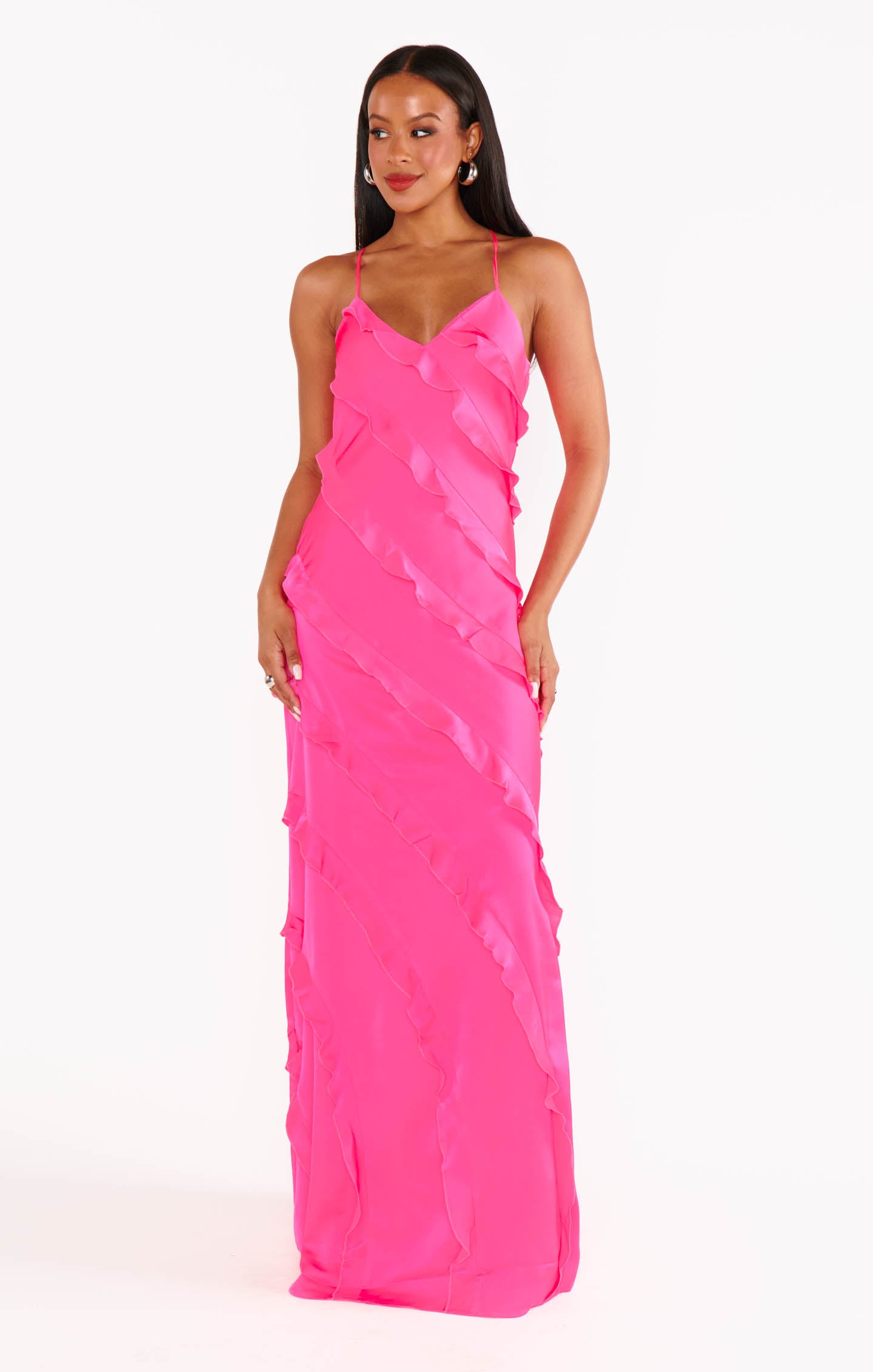Vivid Pink Satin Ruffle Maxi Dress for Weddings & Formal Events