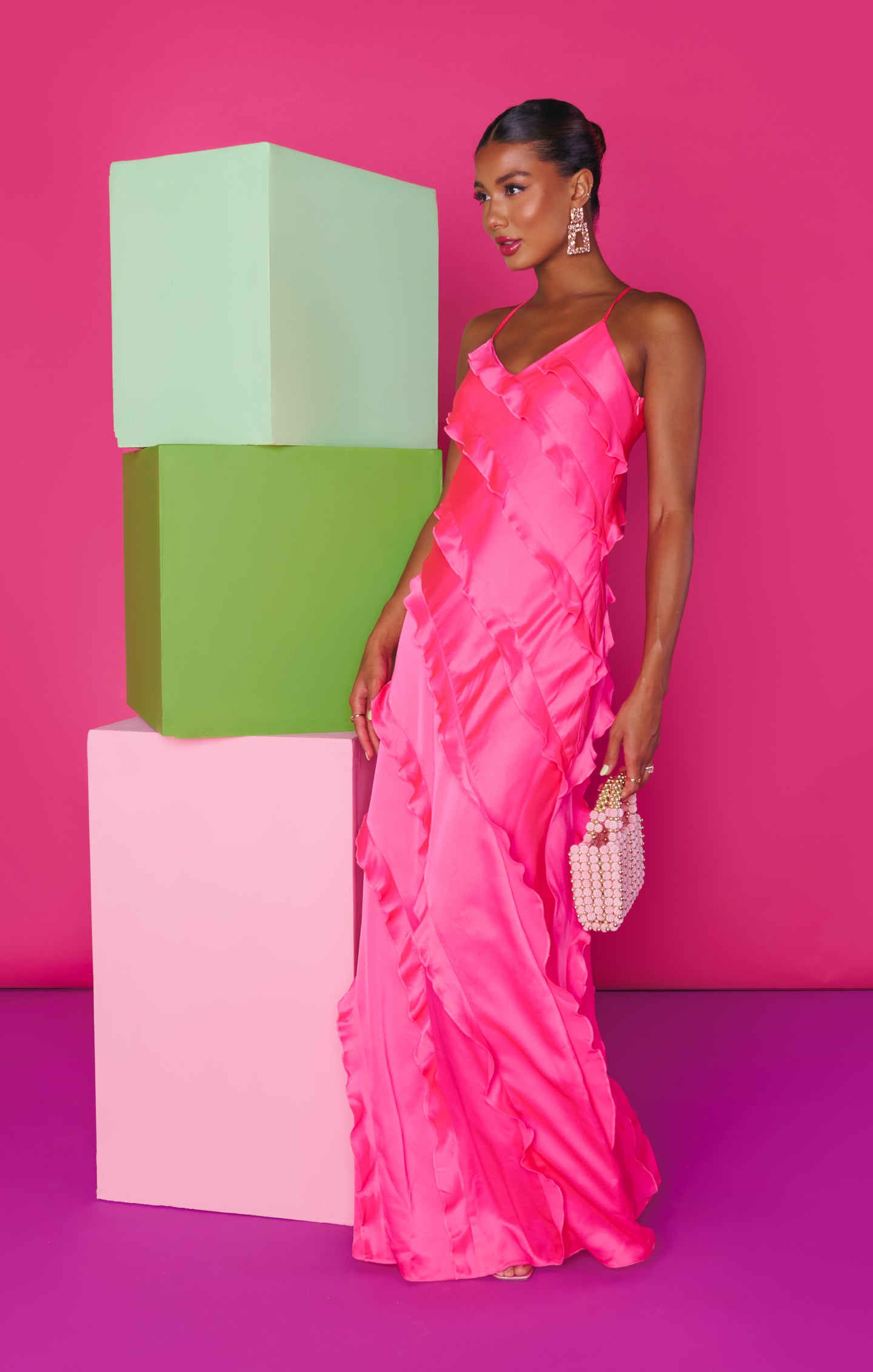 Vivid Pink Satin Ruffle Maxi Dress for Weddings & Formal Events