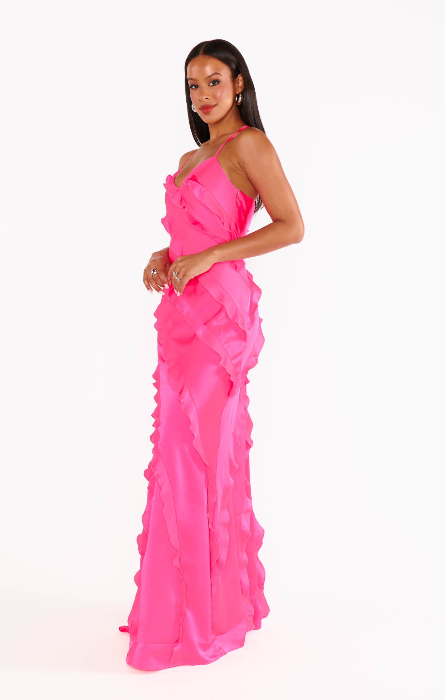Vivid Pink Satin Ruffle Maxi Dress for Weddings & Formal Events
