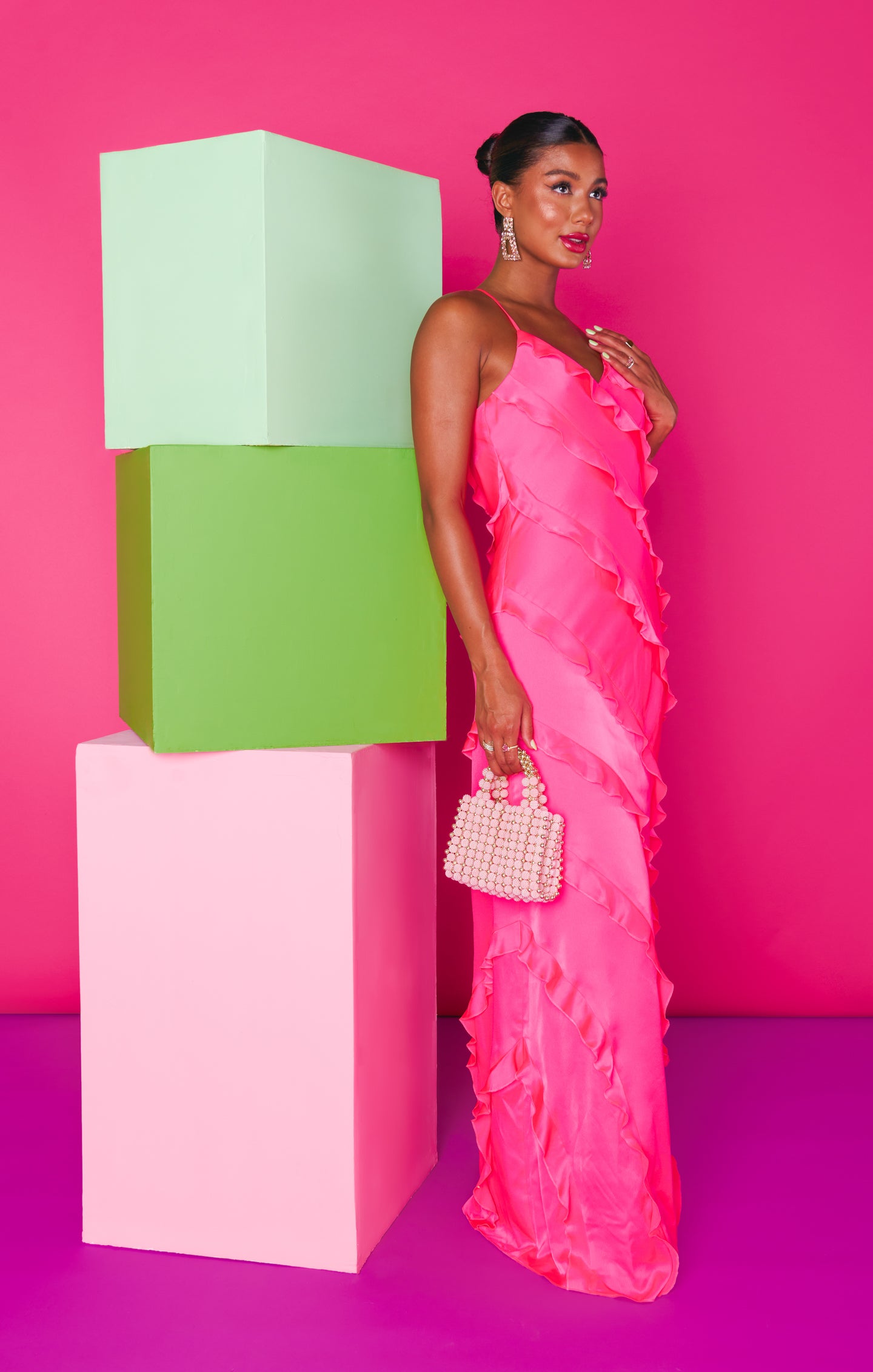 Vivid Pink Satin Ruffle Maxi Dress for Weddings & Formal Events