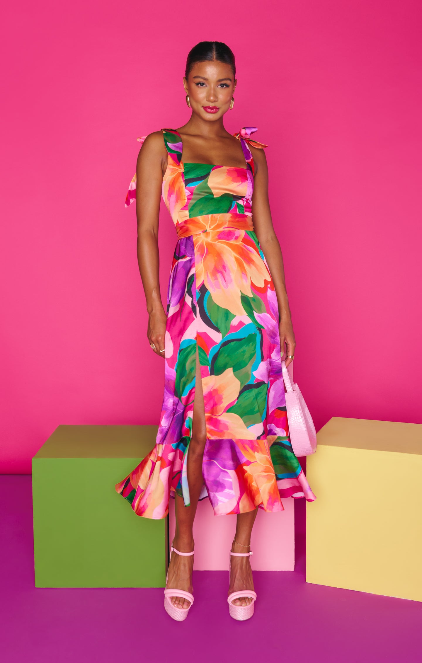 Floral Midi Dress with Adjustable Tie Straps ~ Water Lily
