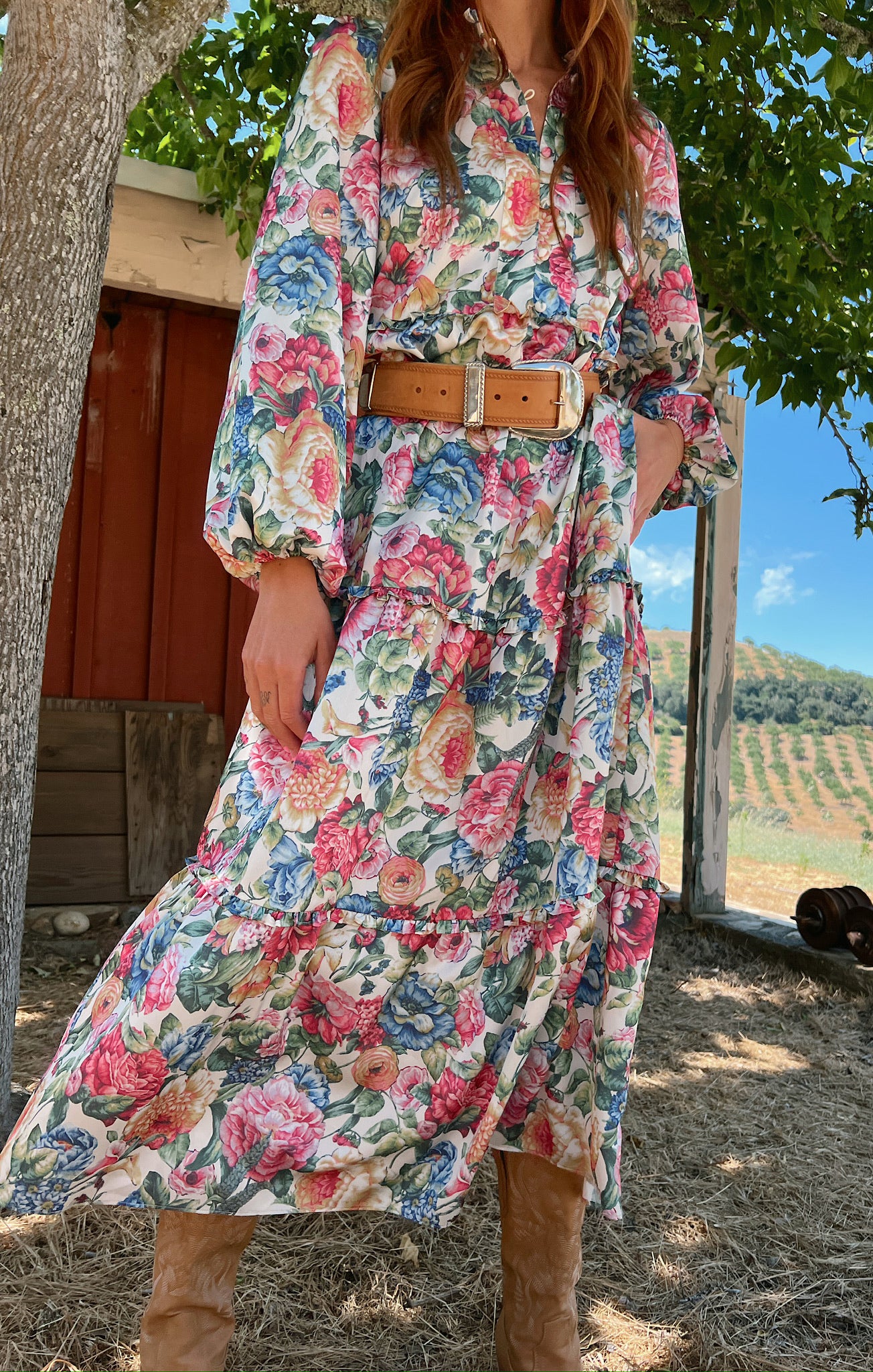 Loretta Floral Maxi Dress with Tiered Bodice & Billowy Sleeves