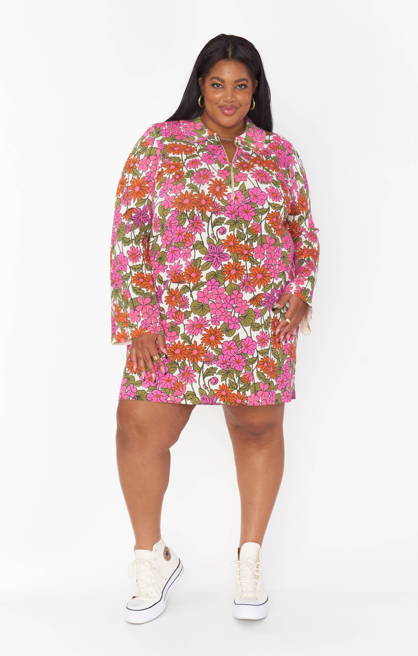 Charlie Collar Floral Knit Mini Dress with Quarter Zip
