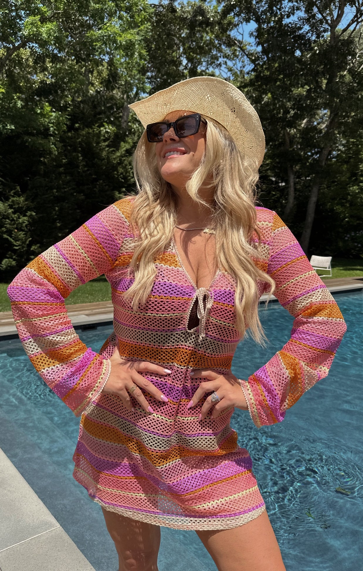 Crochet Mini Coverup with Long Sleeves & Tie Front - Melon Mixed