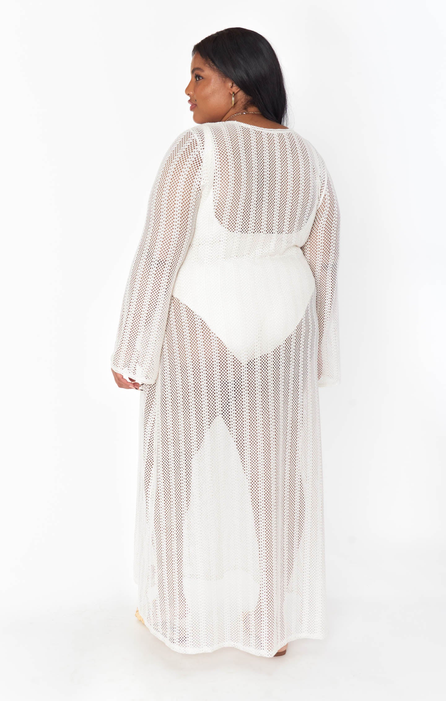 White Crochet Maxi Coverup with Long Sleeves & Tie Front