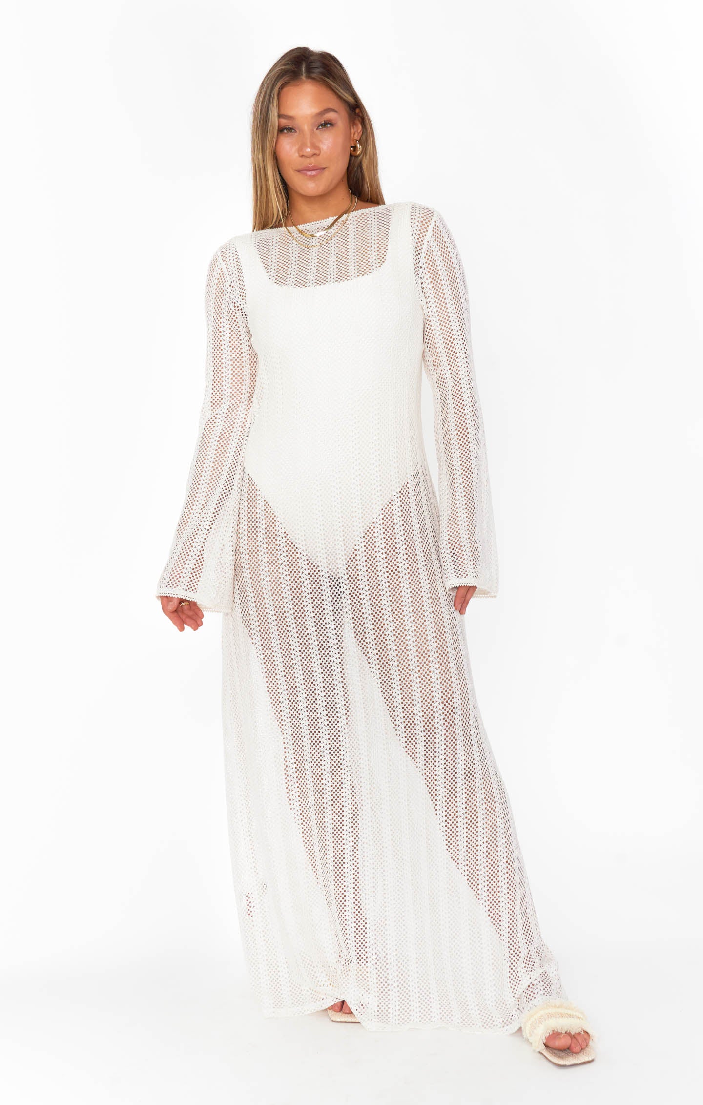 White Crochet Maxi Coverup with Long Sleeves & Tie Front
