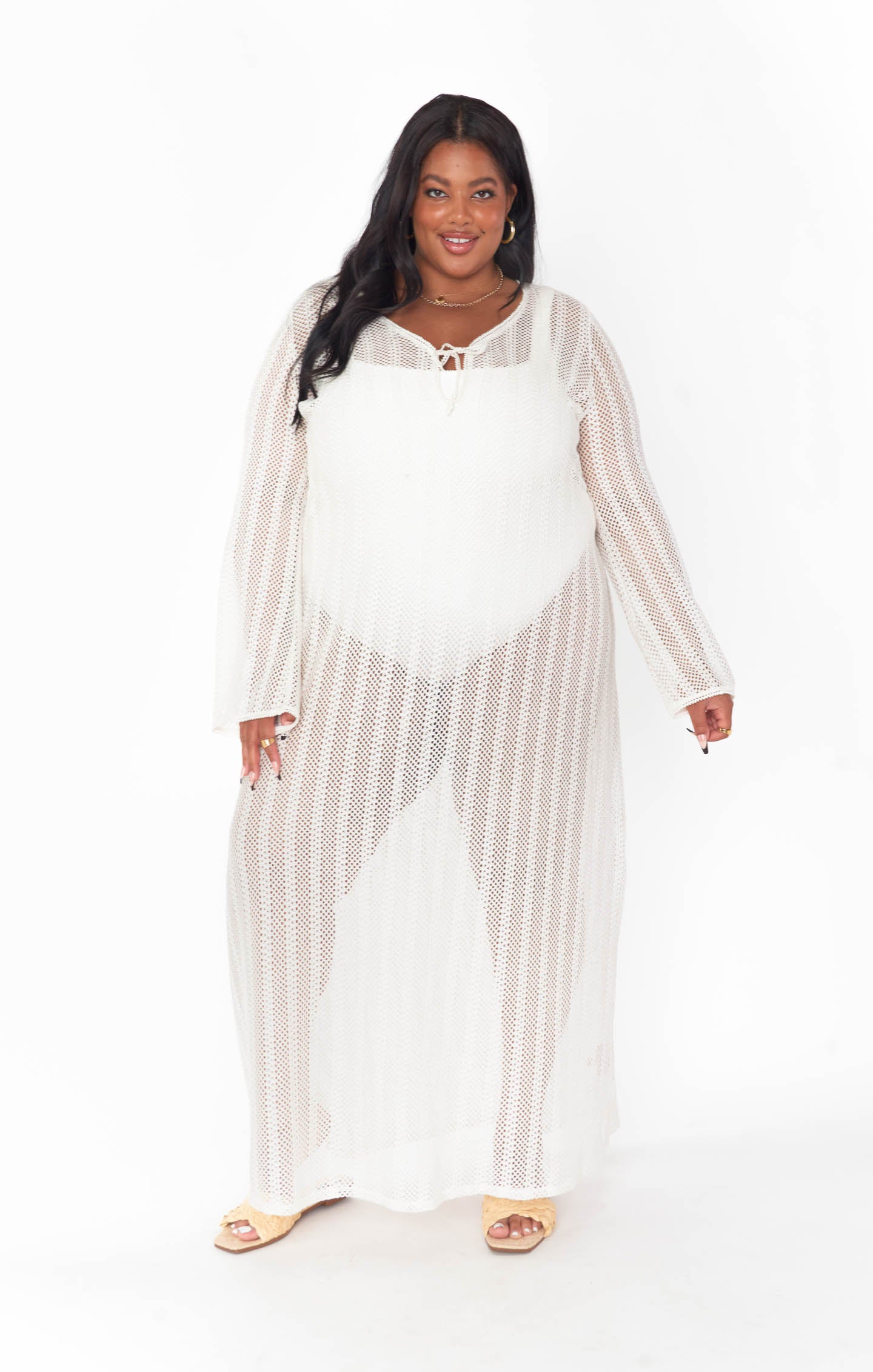 White Crochet Maxi Coverup with Long Sleeves & Tie Front