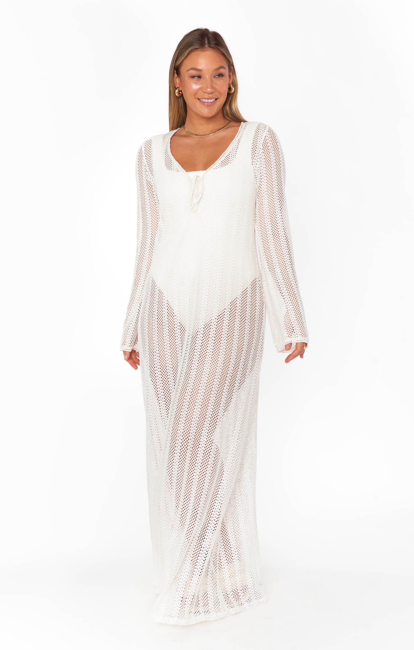 White Crochet Maxi Coverup with Long Sleeves & Tie Front