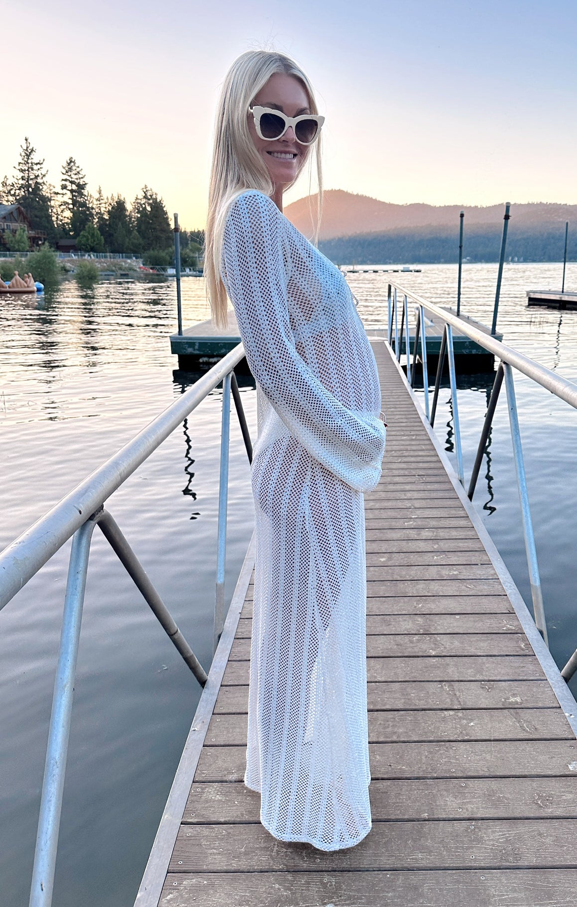 White Crochet Maxi Coverup with Long Sleeves & Tie Front