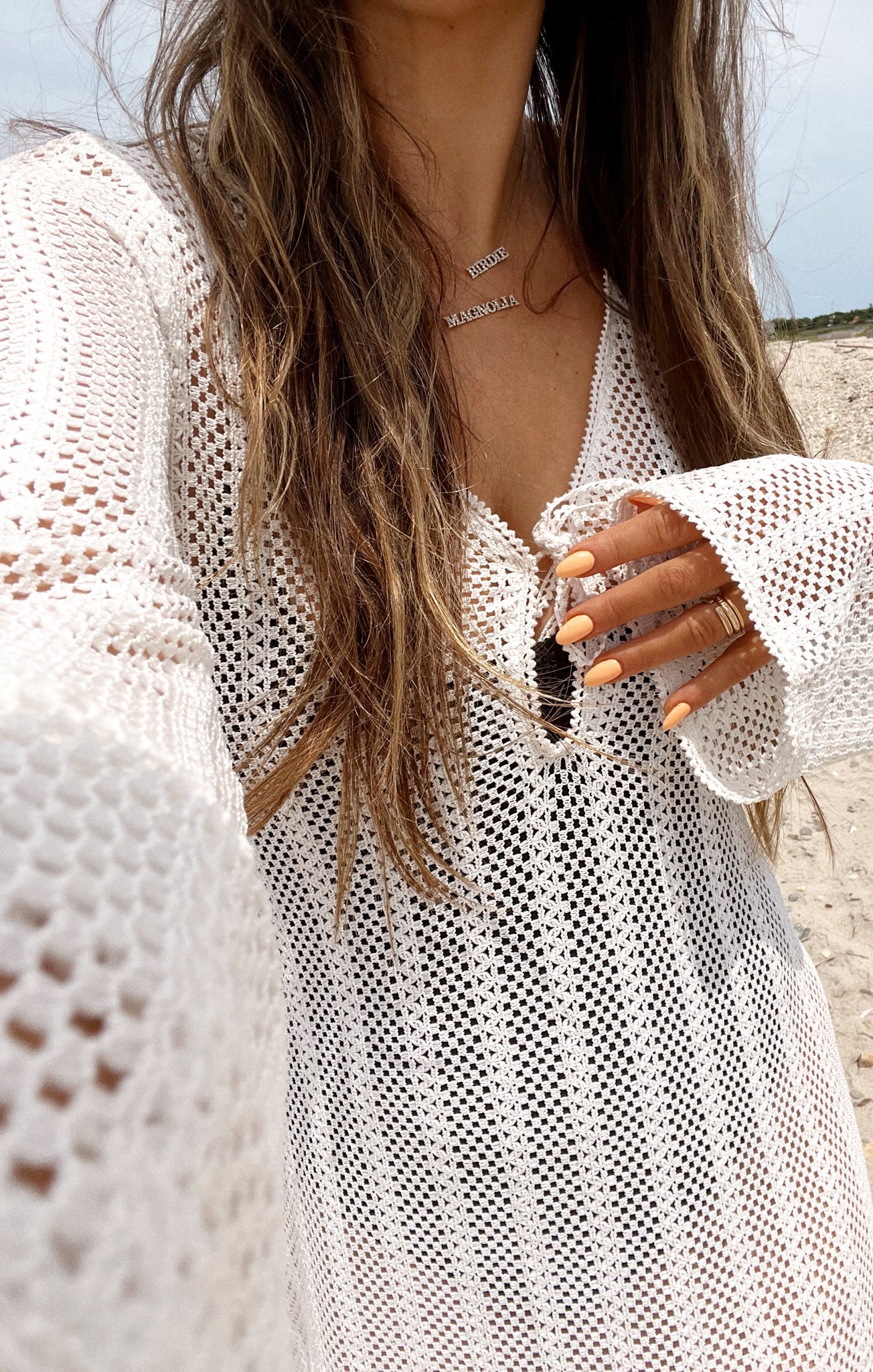 White Crochet Maxi Coverup with Long Sleeves & Tie Front