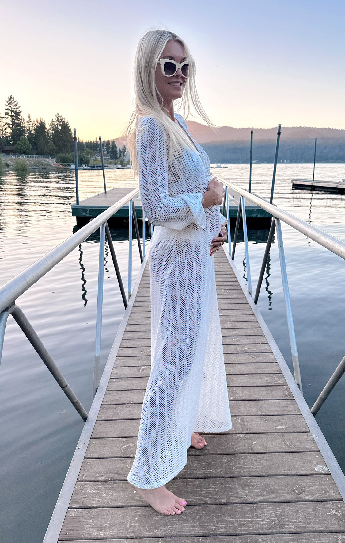 White Crochet Maxi Coverup with Long Sleeves & Tie Front