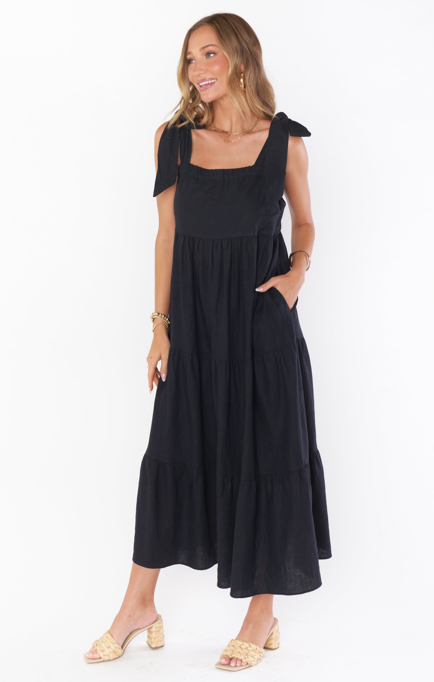 Black Linen Arabella Maxi Dress - Adjustable Tie Straps & Tiered Hem