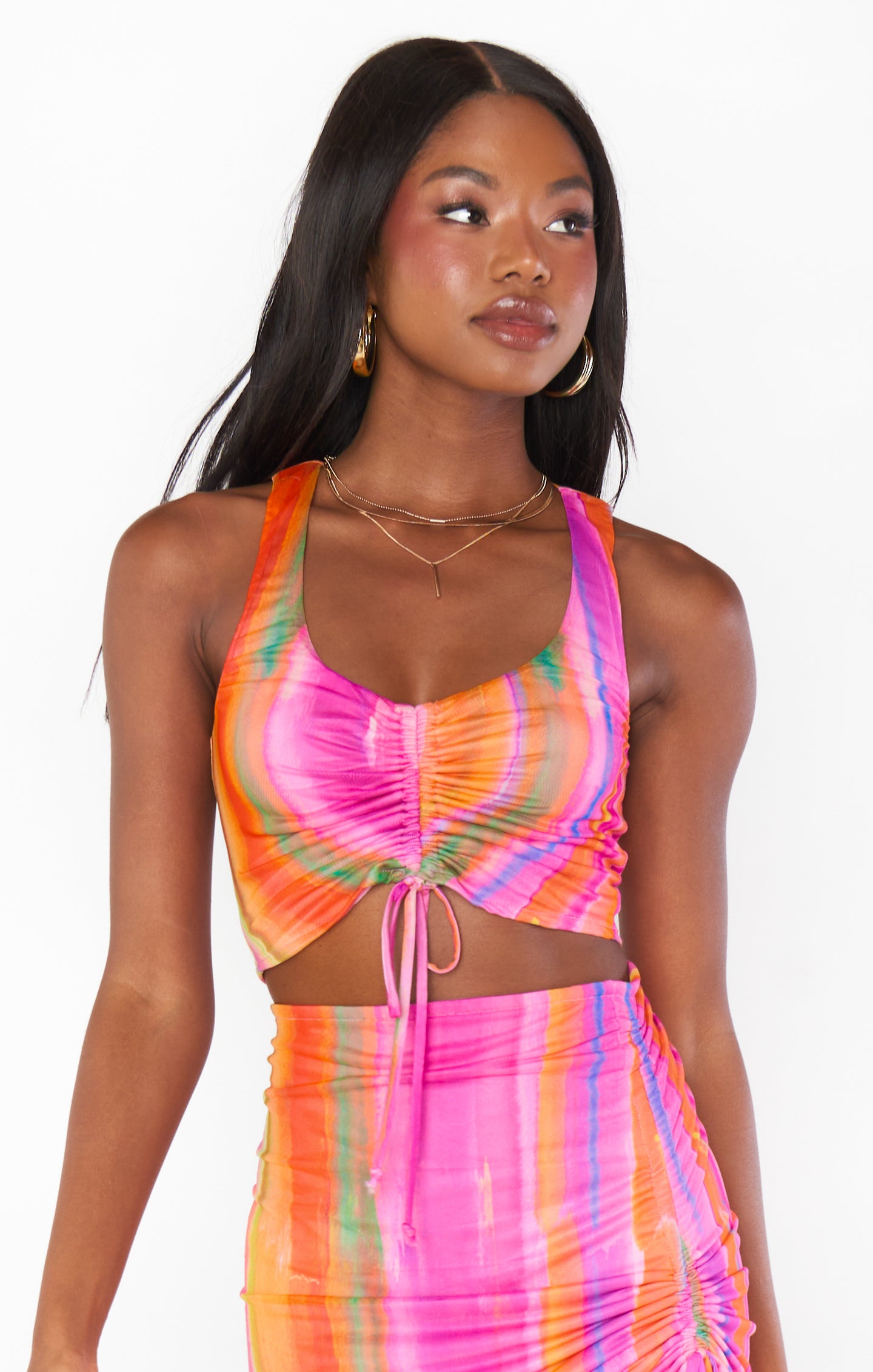 Hazy Crop Top with Sunrise Stripe Mesh & Adjustable Drawstring