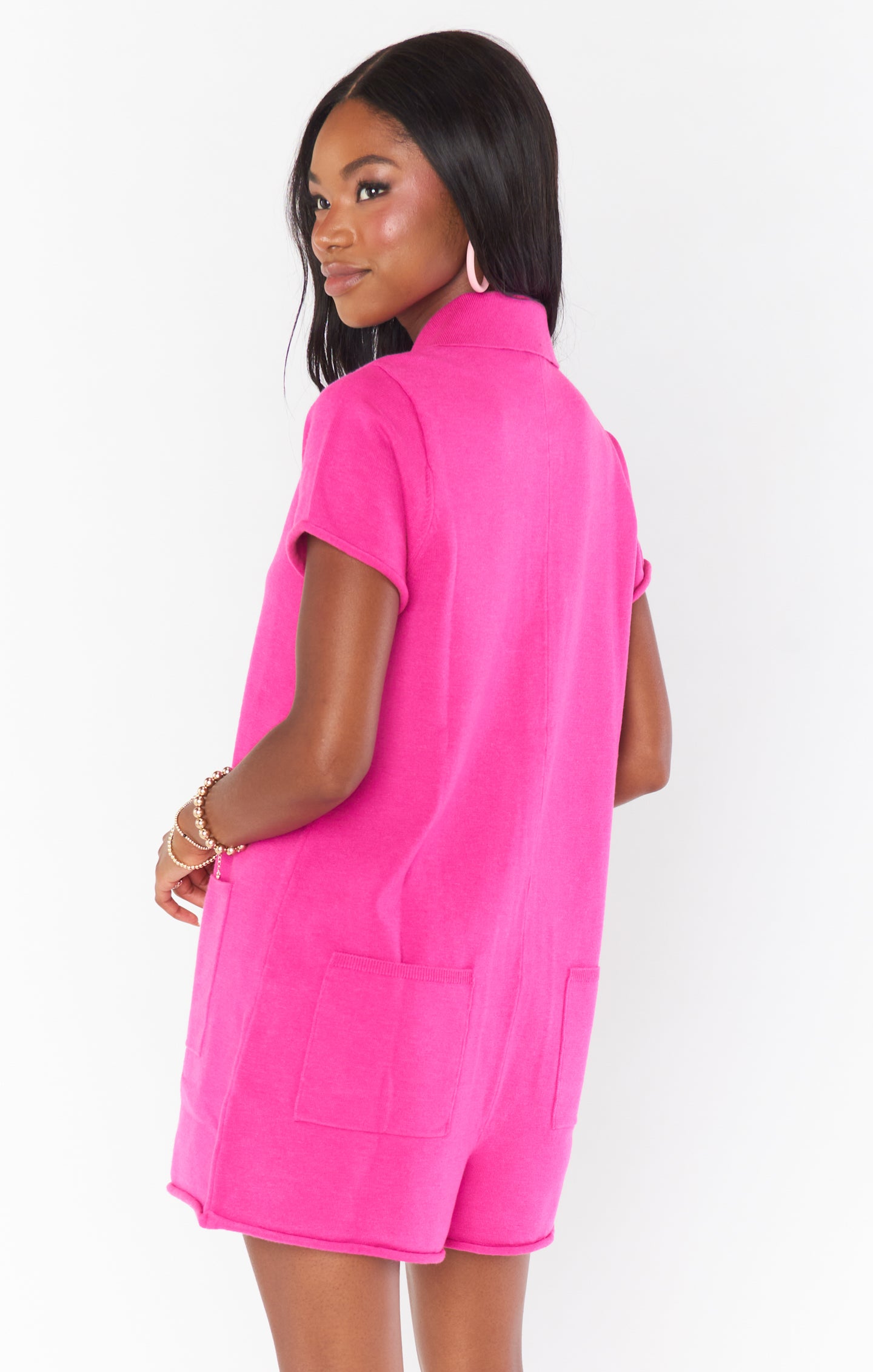 Gio Sweater Romper - Pink Knit Jumpsuit with Collar & Pockets