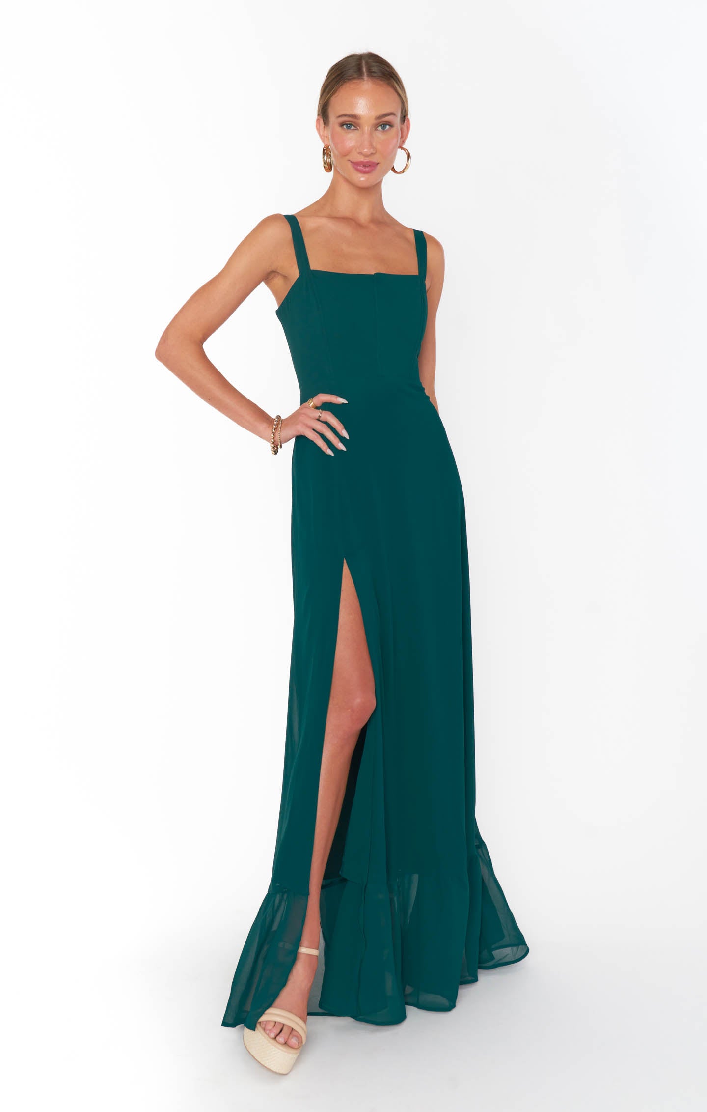 Emerald Green Chiffon Corset Dress with Side Slit - Clarissa
