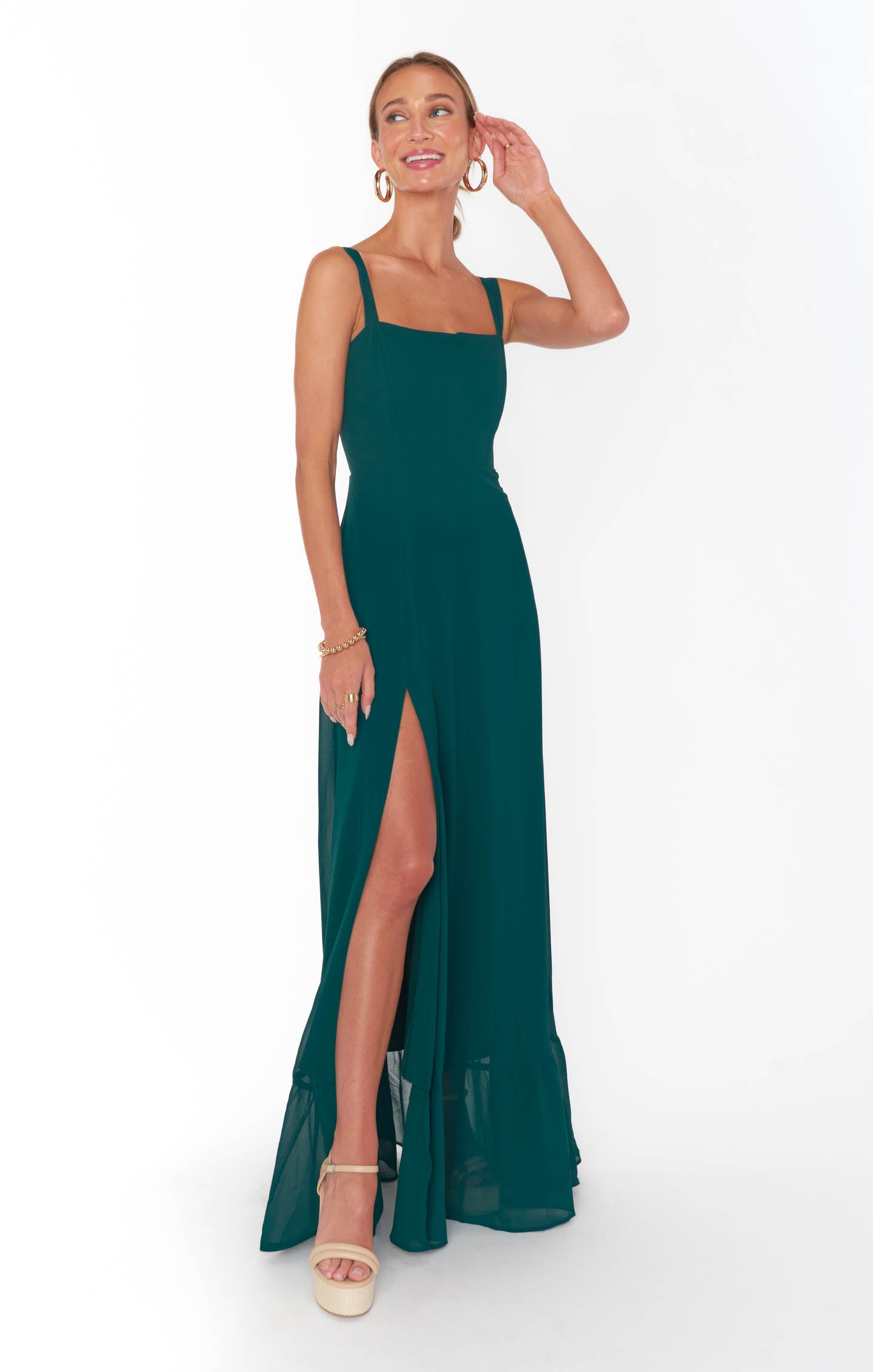 Emerald Green Chiffon Corset Dress with Side Slit - Clarissa
