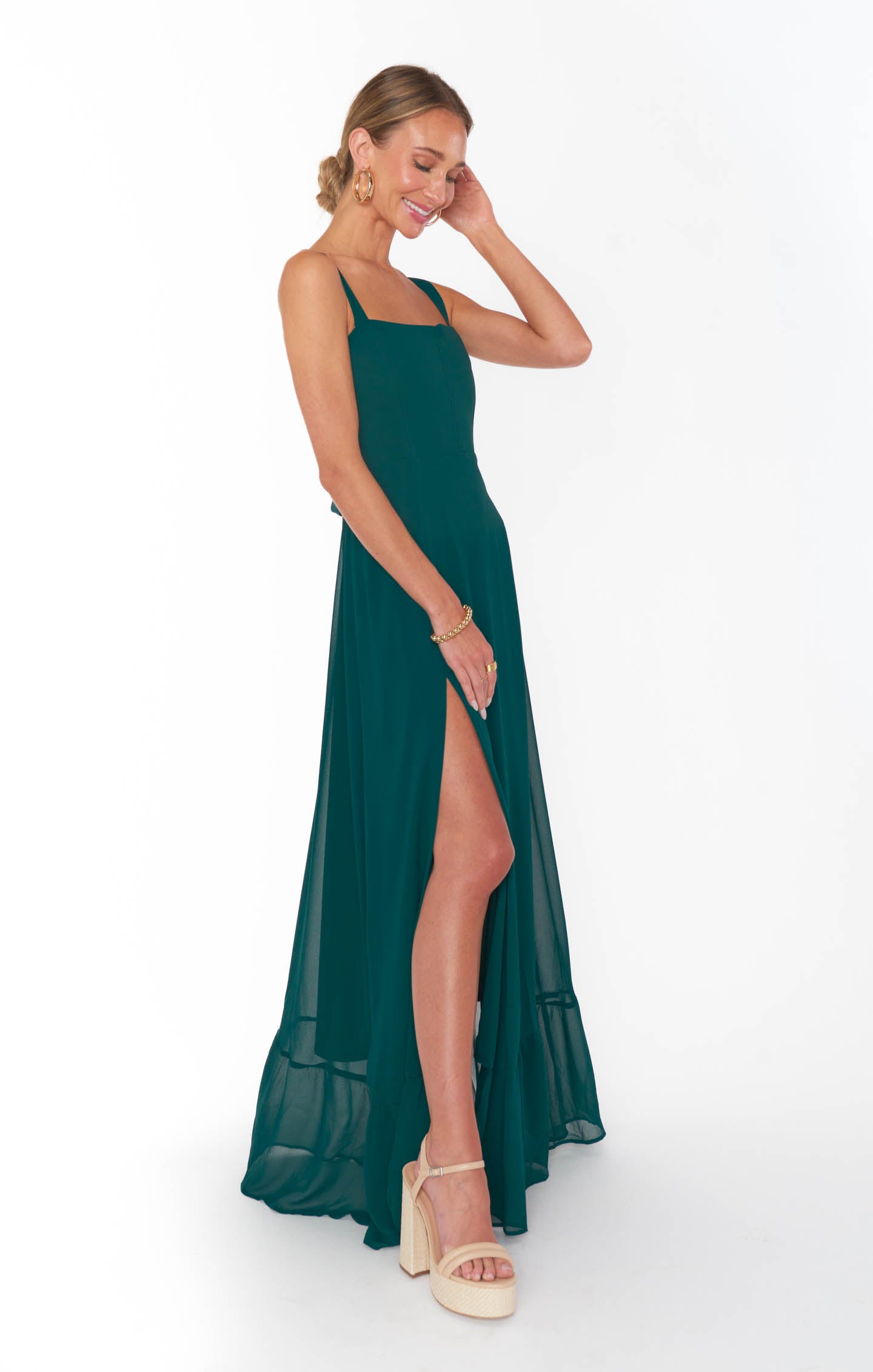 Emerald Green Chiffon Corset Dress with Side Slit - Clarissa