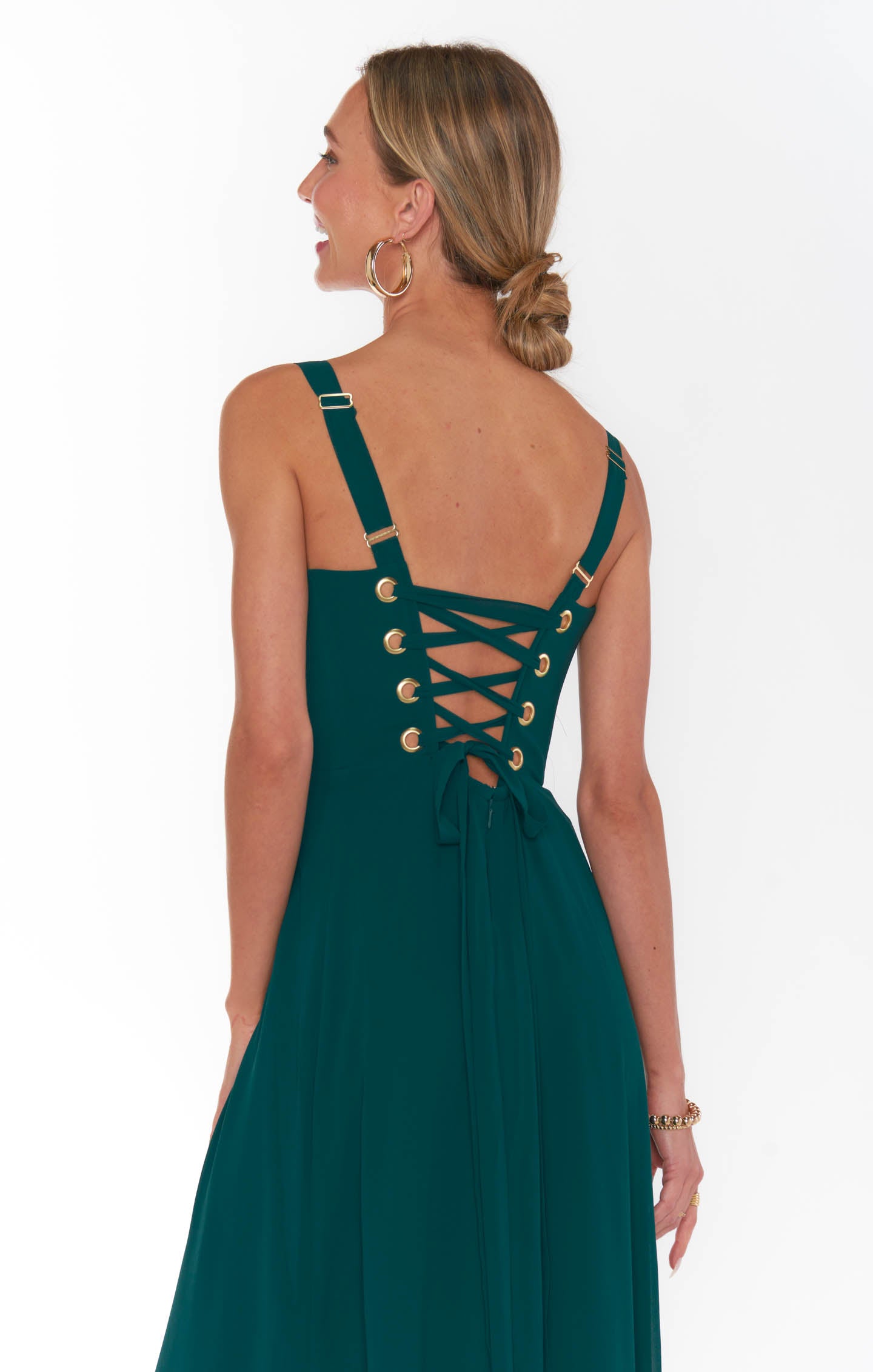 Emerald Green Chiffon Corset Dress with Side Slit - Clarissa