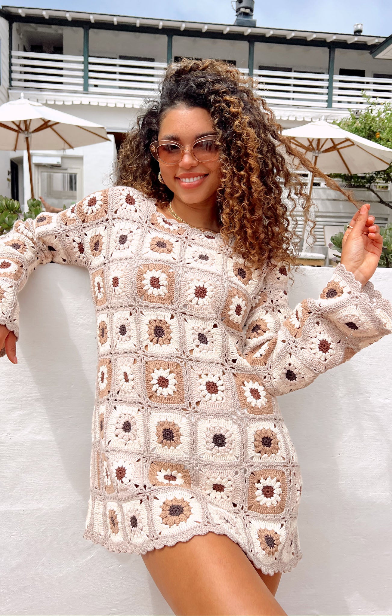 Boho Crochet Coverup with Bell Sleeves - Mamacita Neutral Floral Tunic