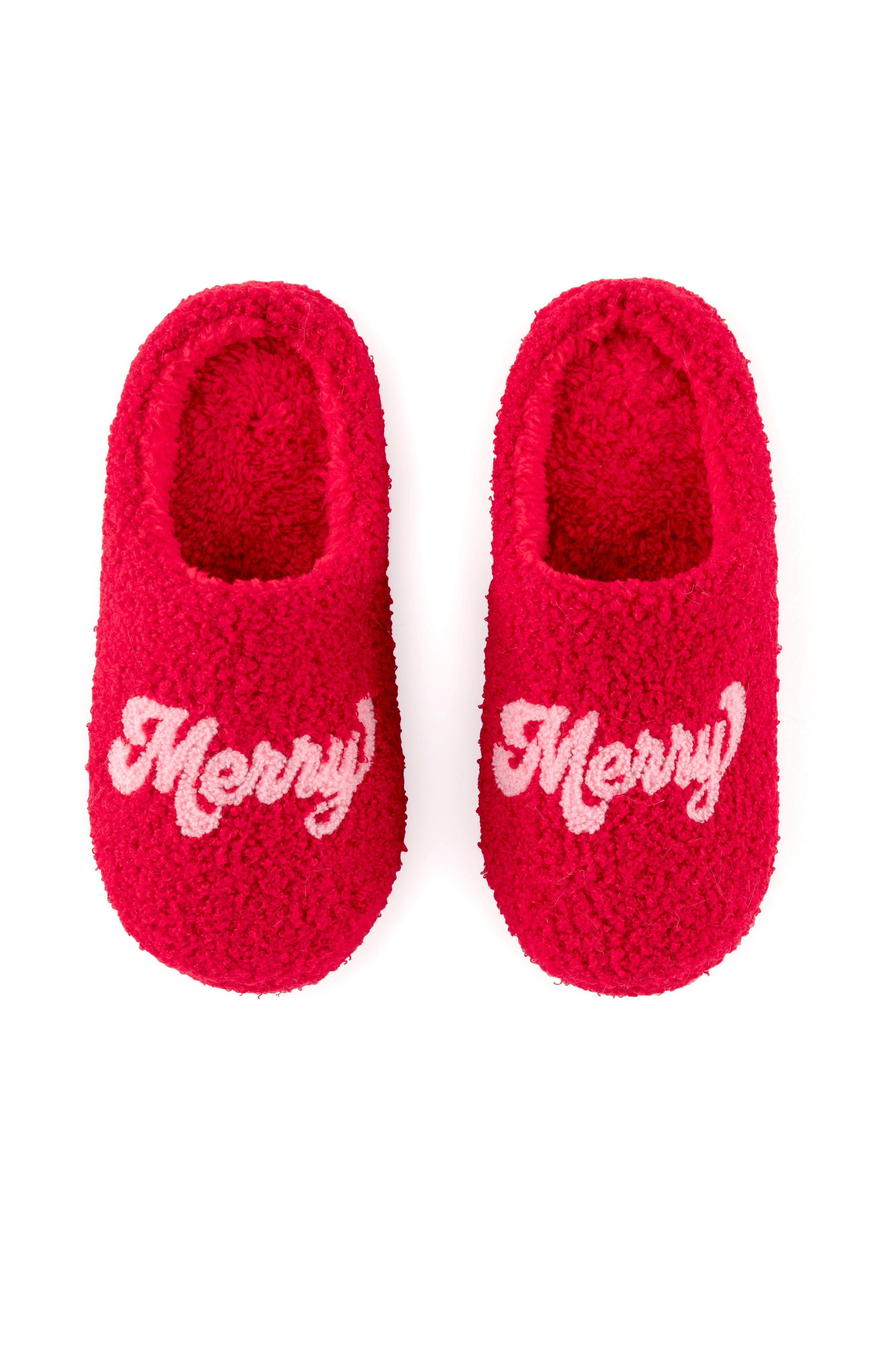 Red Merry Slippers - Cozy Sherpa-Lined Holiday House Shoes