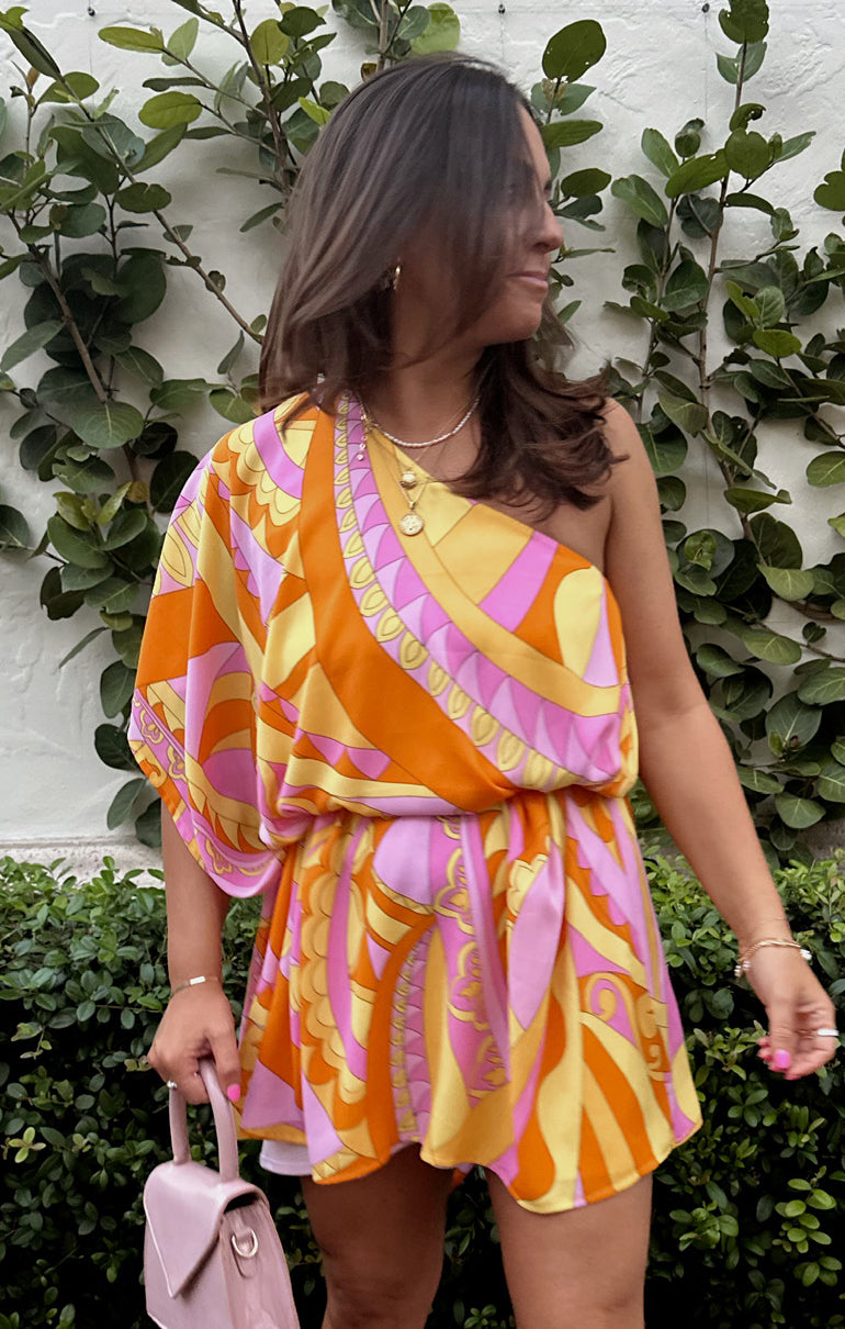One Shoulder Pink & Orange Printed Mini Dress with Detachable Belt