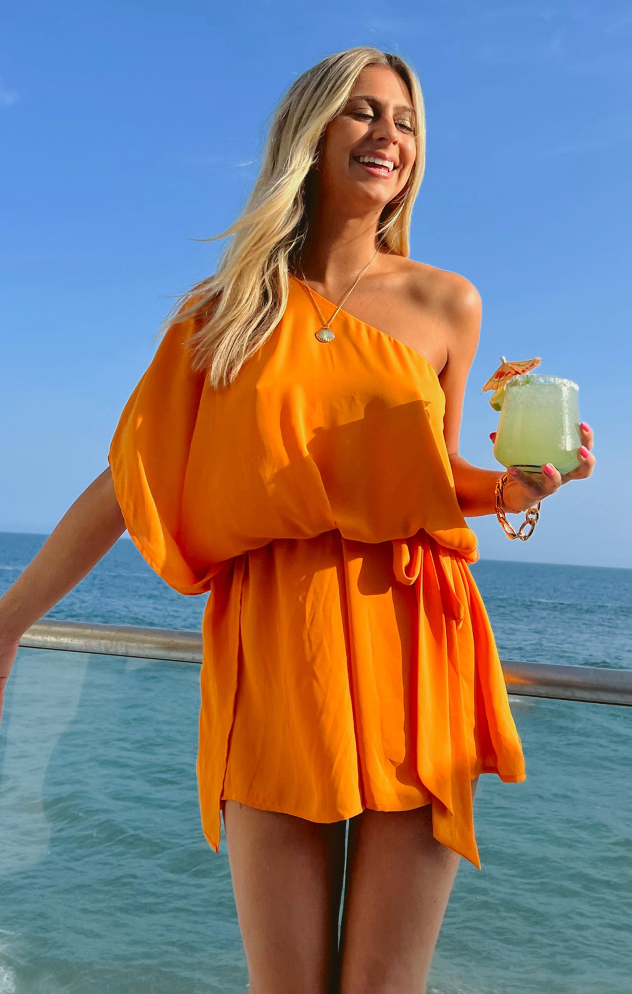 One Shoulder Tangerine Mini Dress with Detachable Belt