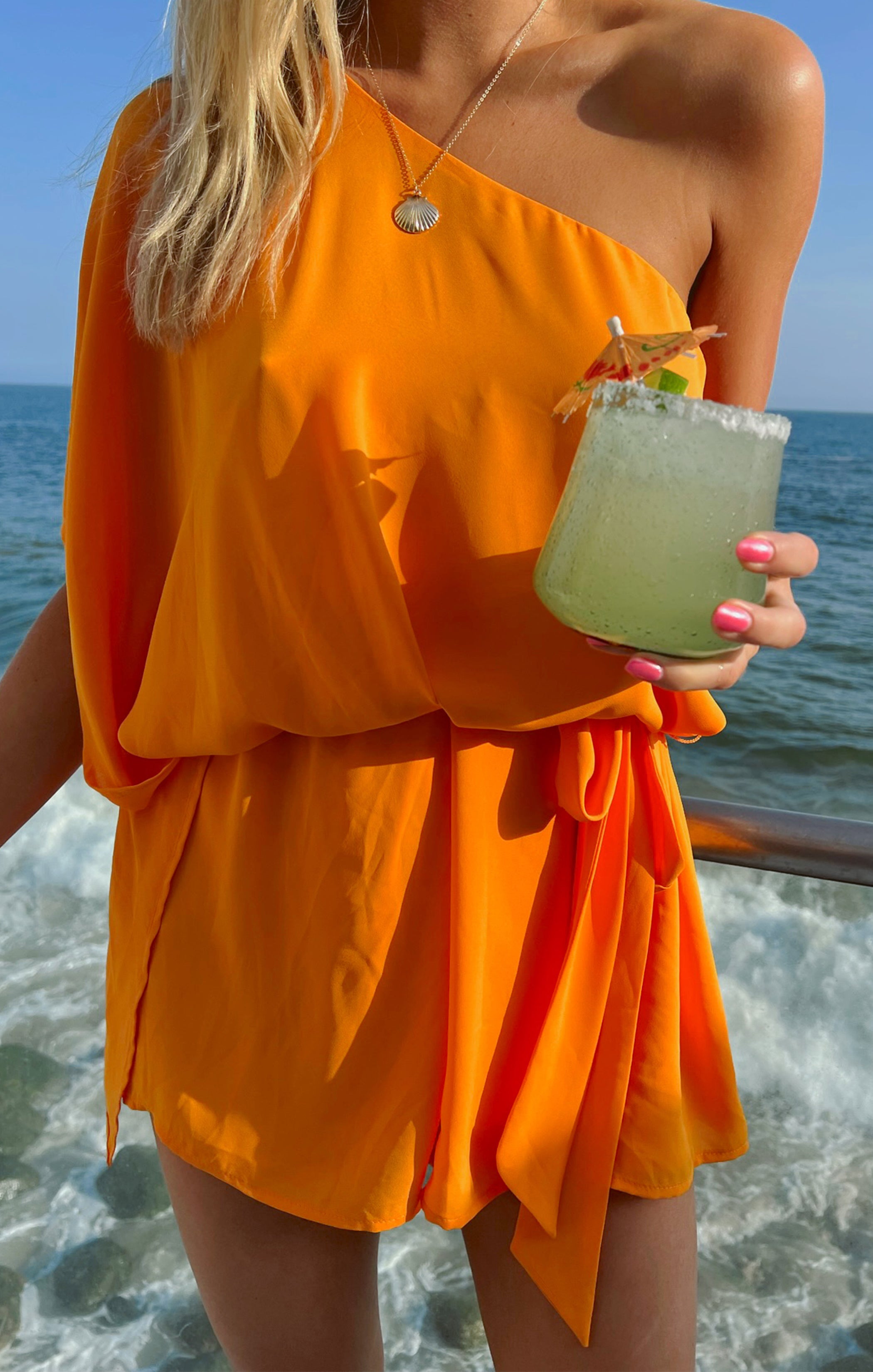 One Shoulder Tangerine Mini Dress with Detachable Belt