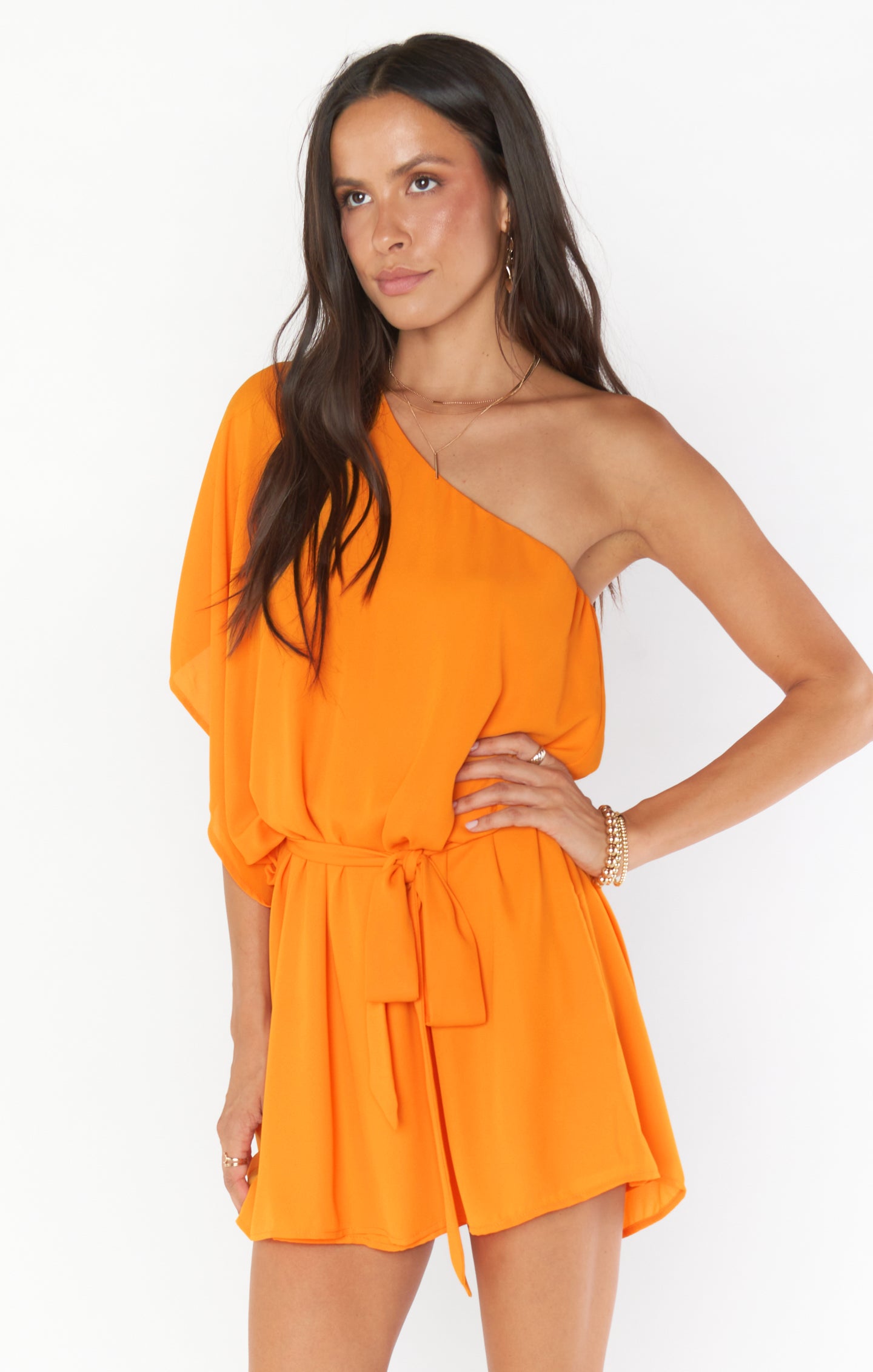 One Shoulder Tangerine Mini Dress with Detachable Belt