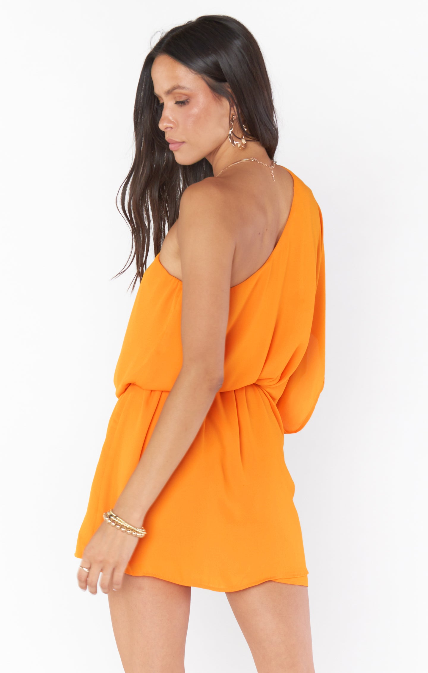 One Shoulder Tangerine Mini Dress with Detachable Belt