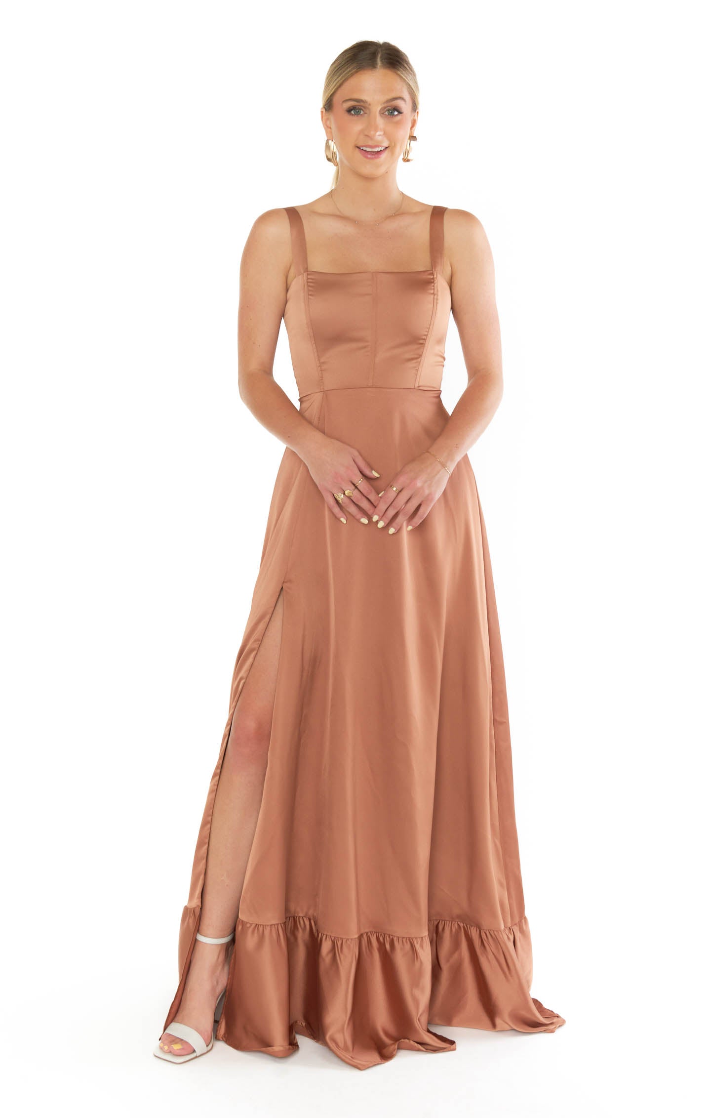 Clarissa Copper Satin Corset Maxi Dress with Side Slit