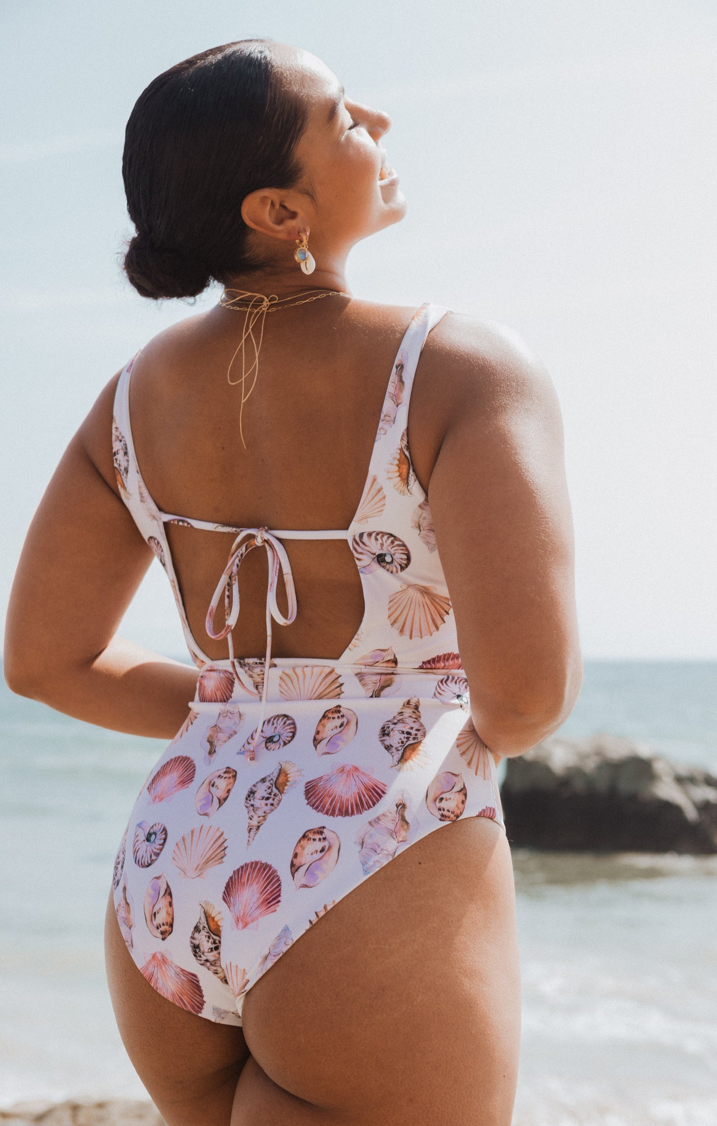 White Shells One Piece Swimsuit with O-Ring & Low Back