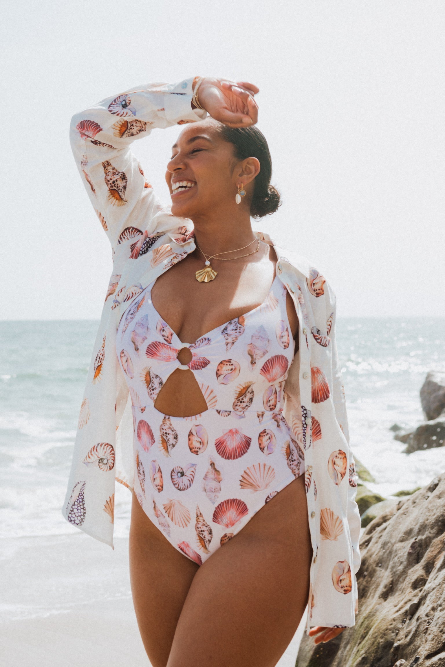 White Shells One Piece Swimsuit with O-Ring & Low Back