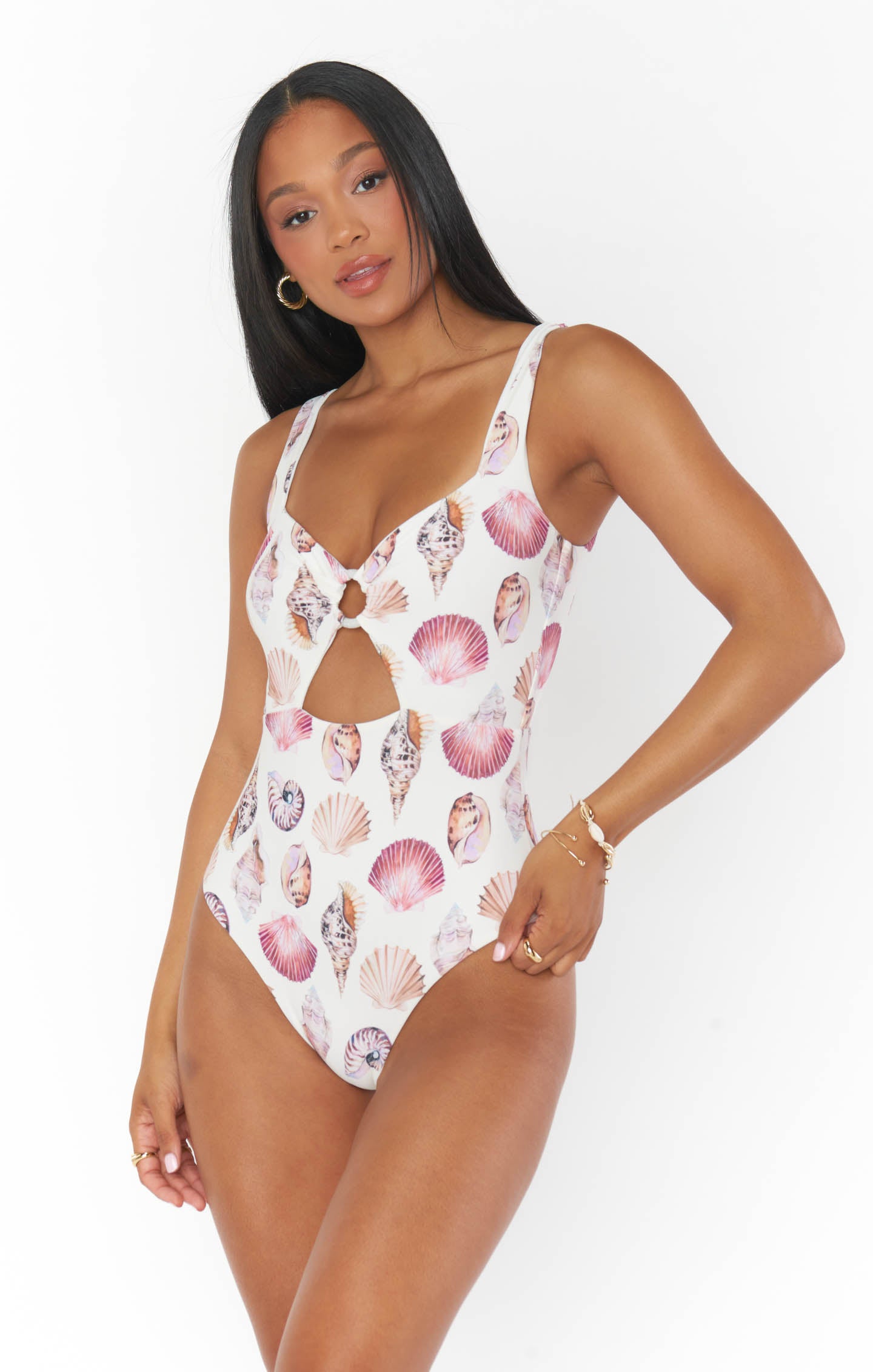 White Shells One Piece Swimsuit with O-Ring & Low Back