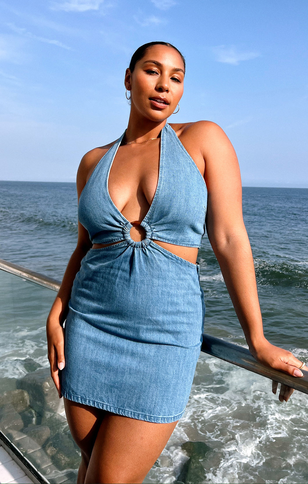 Oslo Retro Halter Mini Dress with O-Ring Cutout - Sailor Blue