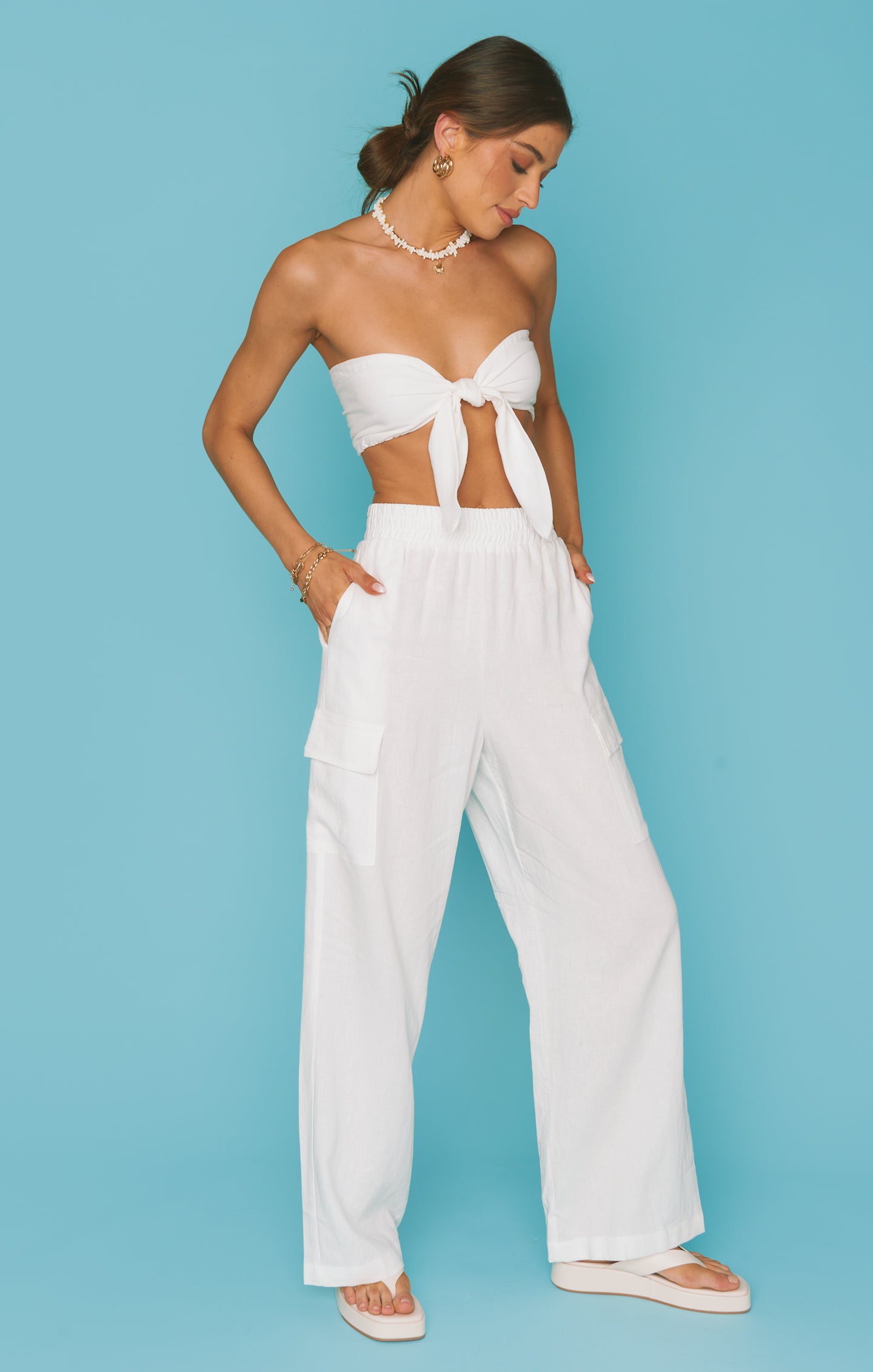 White Linen Kenny Scarf Top - Tie Front Crop Blouse